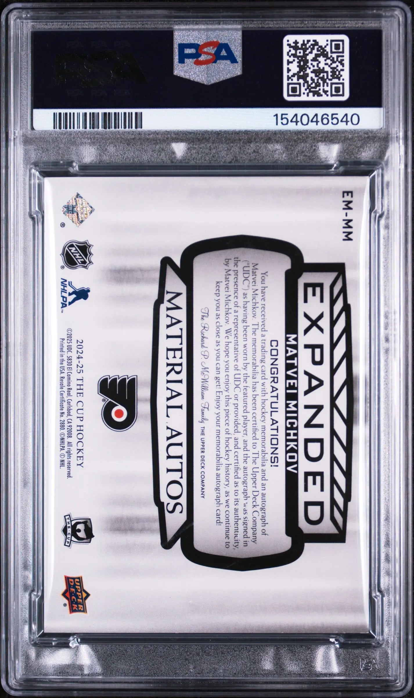2024-25 UD The Cup Expanded Material Autos Patch Matvei Michkov 15/15 PSA 8 