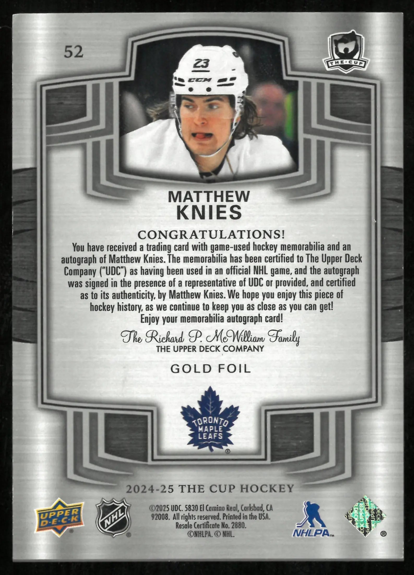 2024-25 UD The Cup Gold Foil Patch Auto Matthew Knies /8 