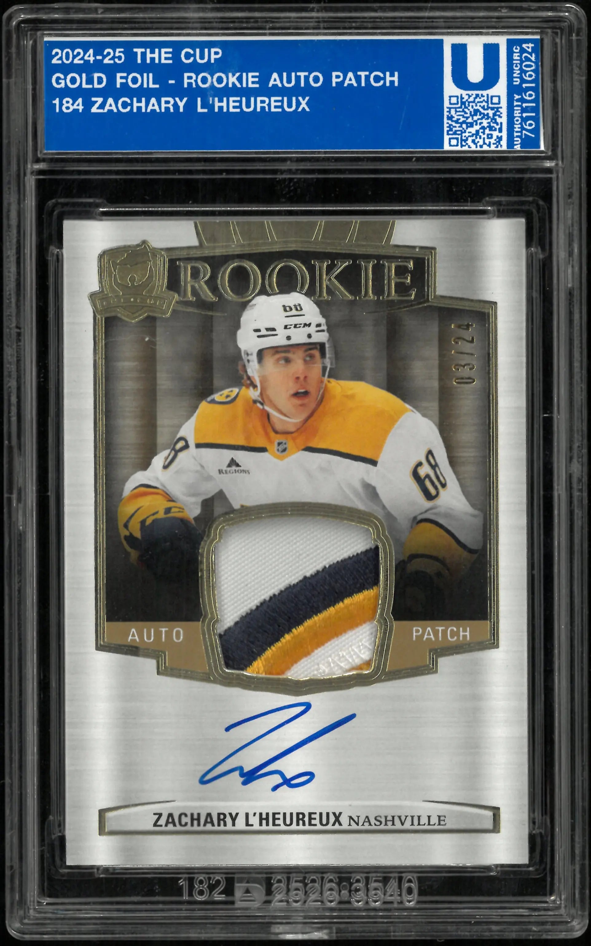 2024-25 UD The Cup Gold Rookie Tri Color Patch Auto Zachary L'Heureux /24 
