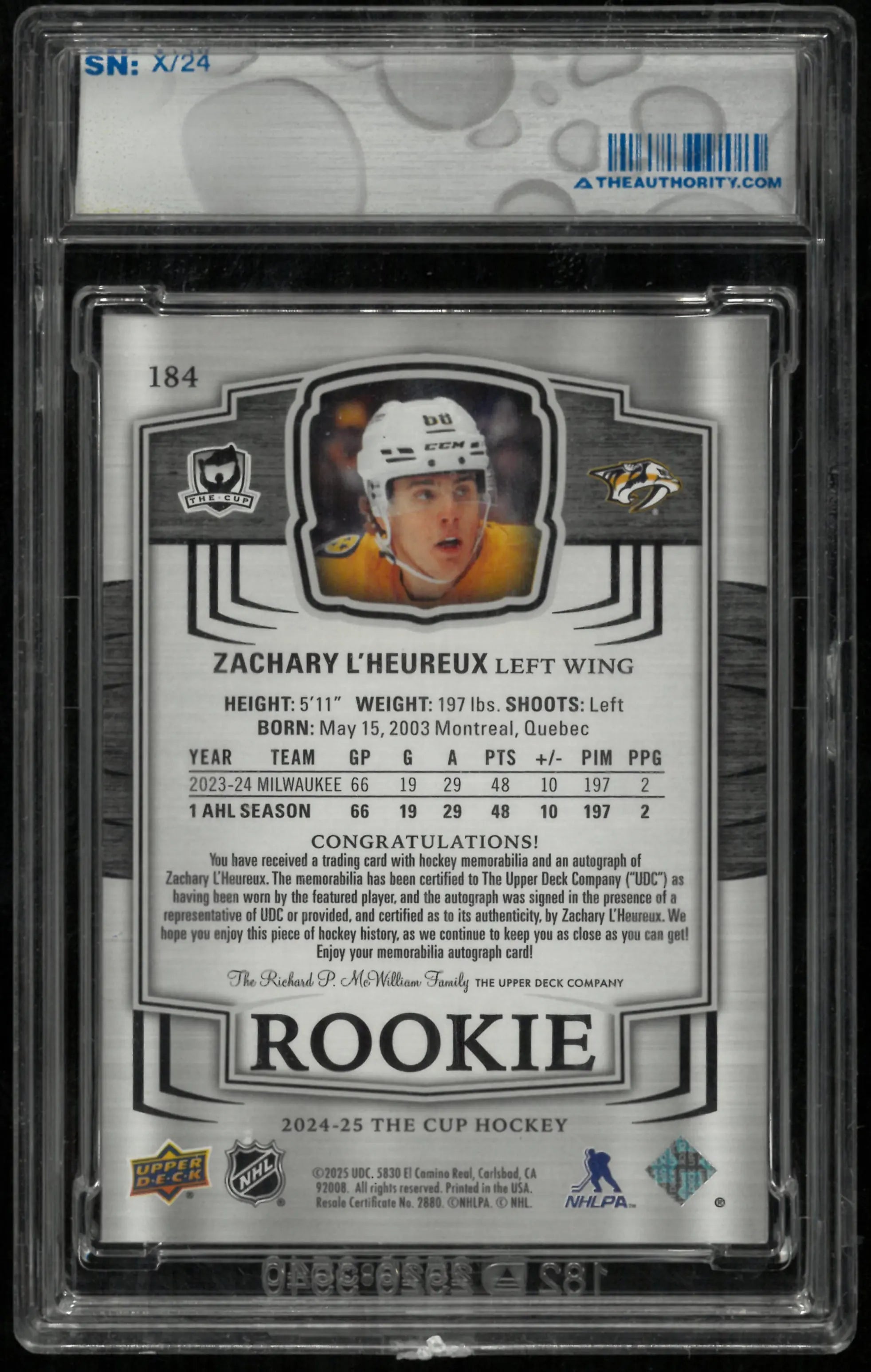 2024-25 UD The Cup Gold Rookie Tri Color Patch Auto Zachary L'Heureux /24 