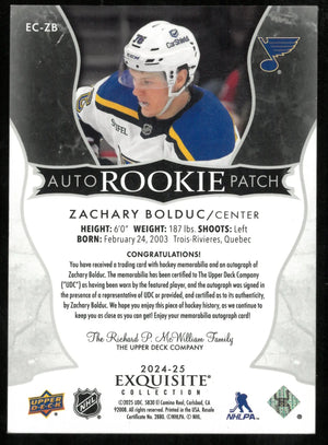 2024-25 UD The Cup Hockey Exquisite Rookie Patch Auto Zachary Bolduc /76 