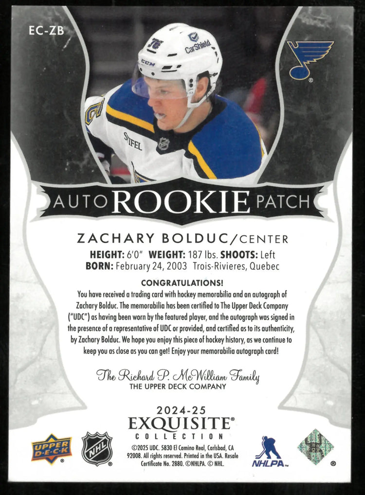 2024-25 UD The Cup Hockey Exquisite Rookie Patch Auto Zachary Bolduc /76 