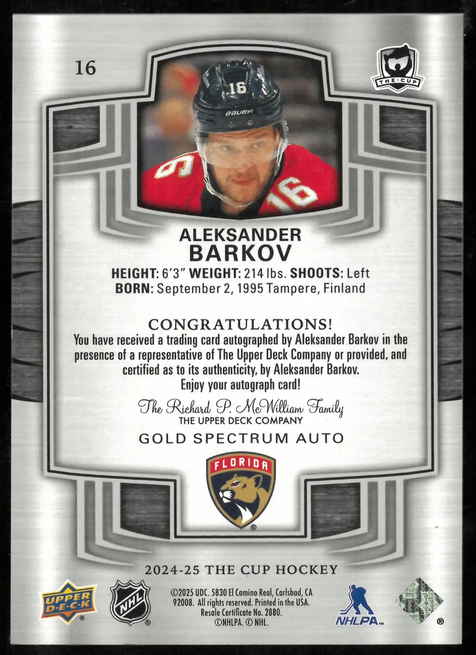 2024-25 UD The Cup Hockey Gold Spectrum Auto Aleksander Barkov /12 