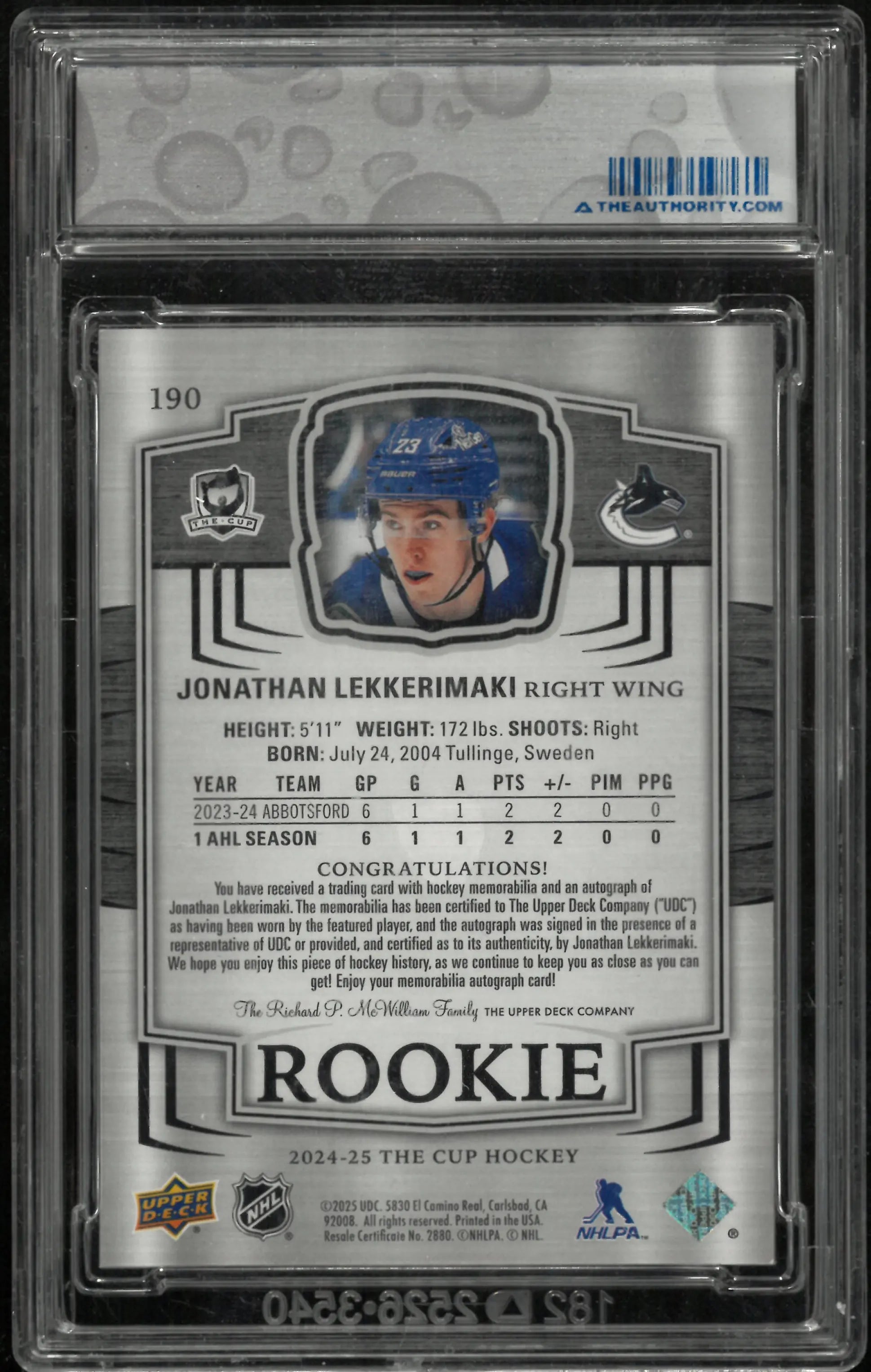 2024-25 UD The Cup Jonathan Lekkerimaki RC Rookie Patch Auto /249 