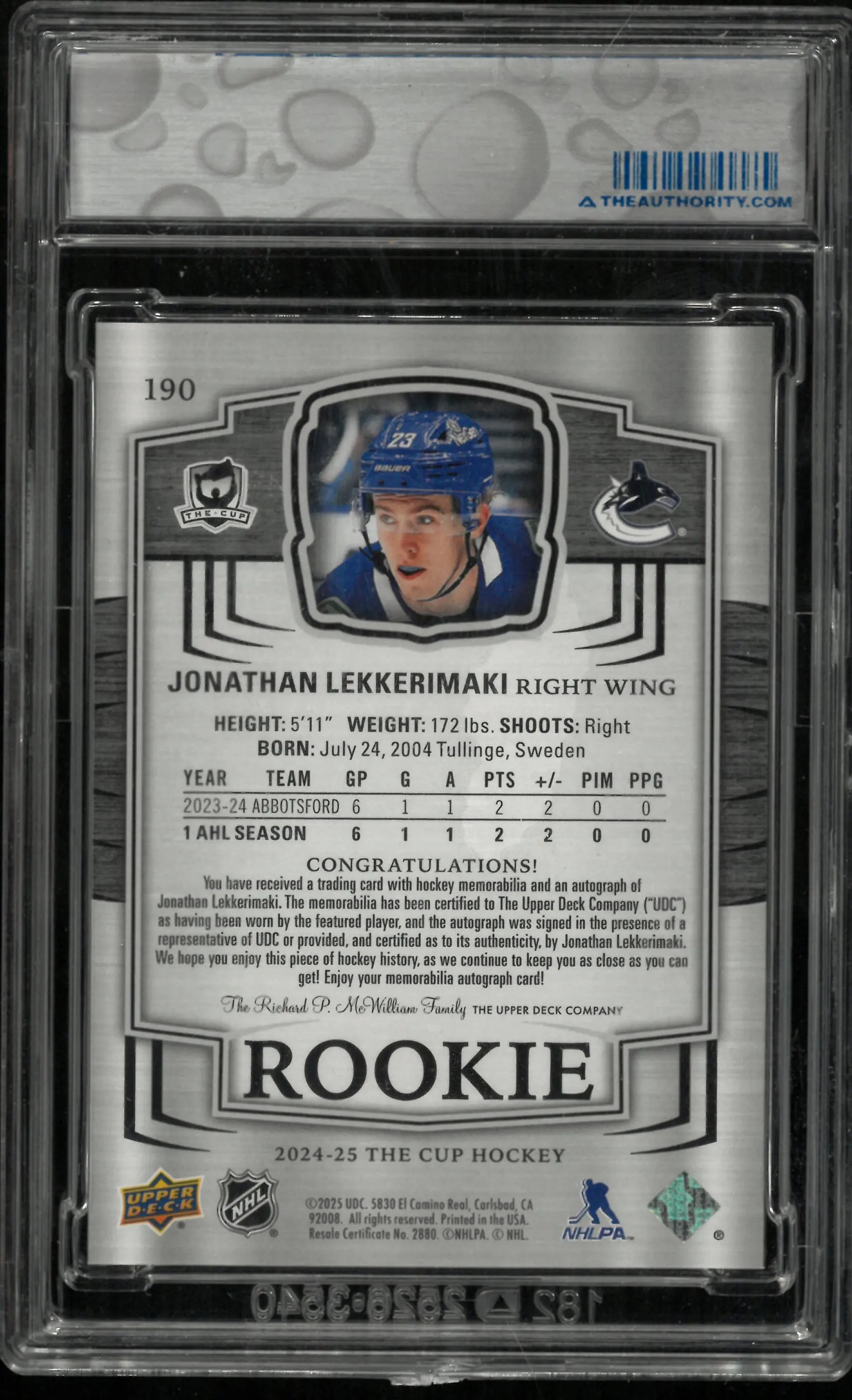 2024-25 UD The Cup Jonathan Lekkerimaki RC Rookie Patch Auto /249 