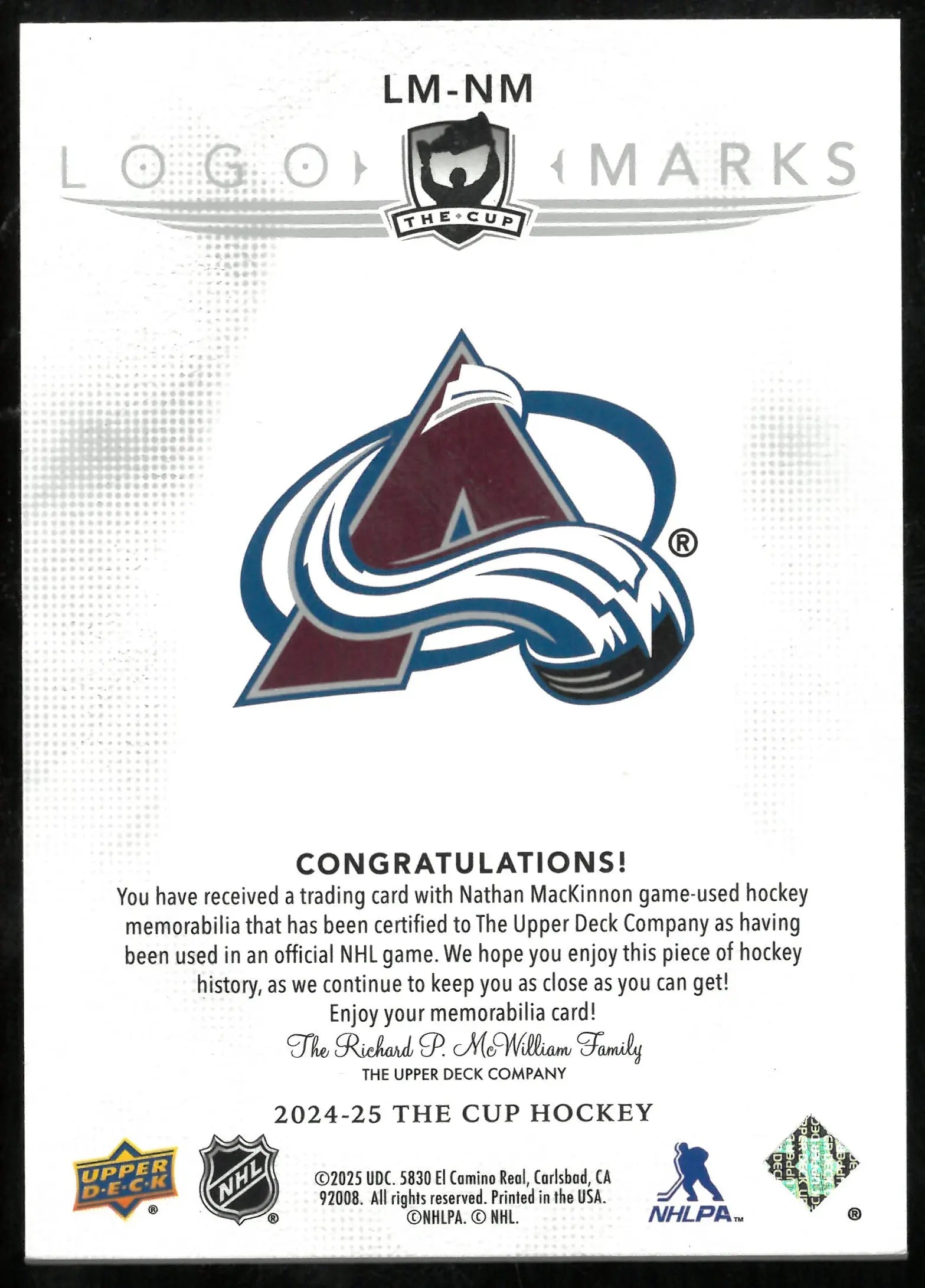 2024-25 UD The Cup Logo Marks Patch Nathan MacKinnon /99 