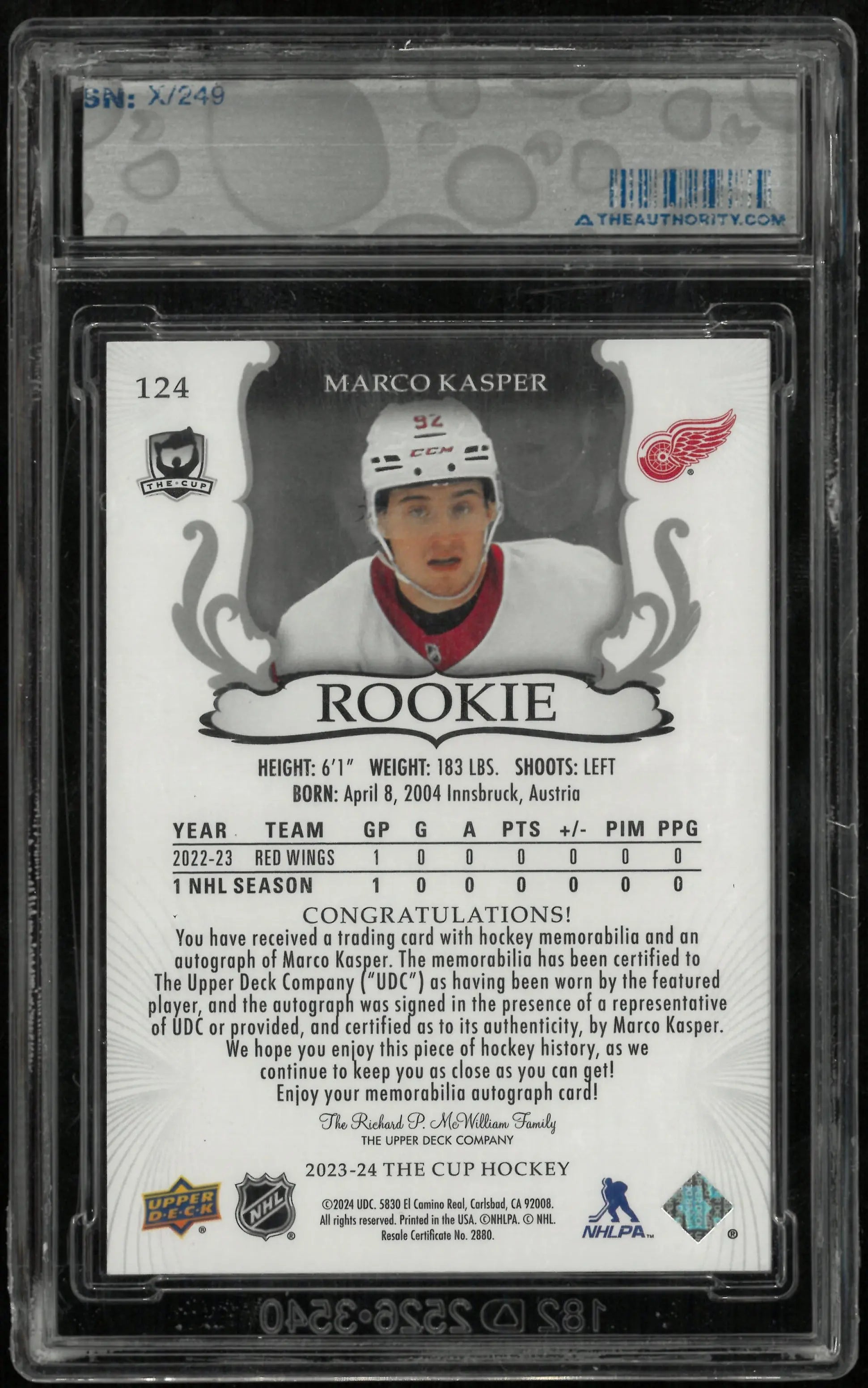 2024-25 UD The Cup Marco Kasper RC Rookie Patch Auto /249 