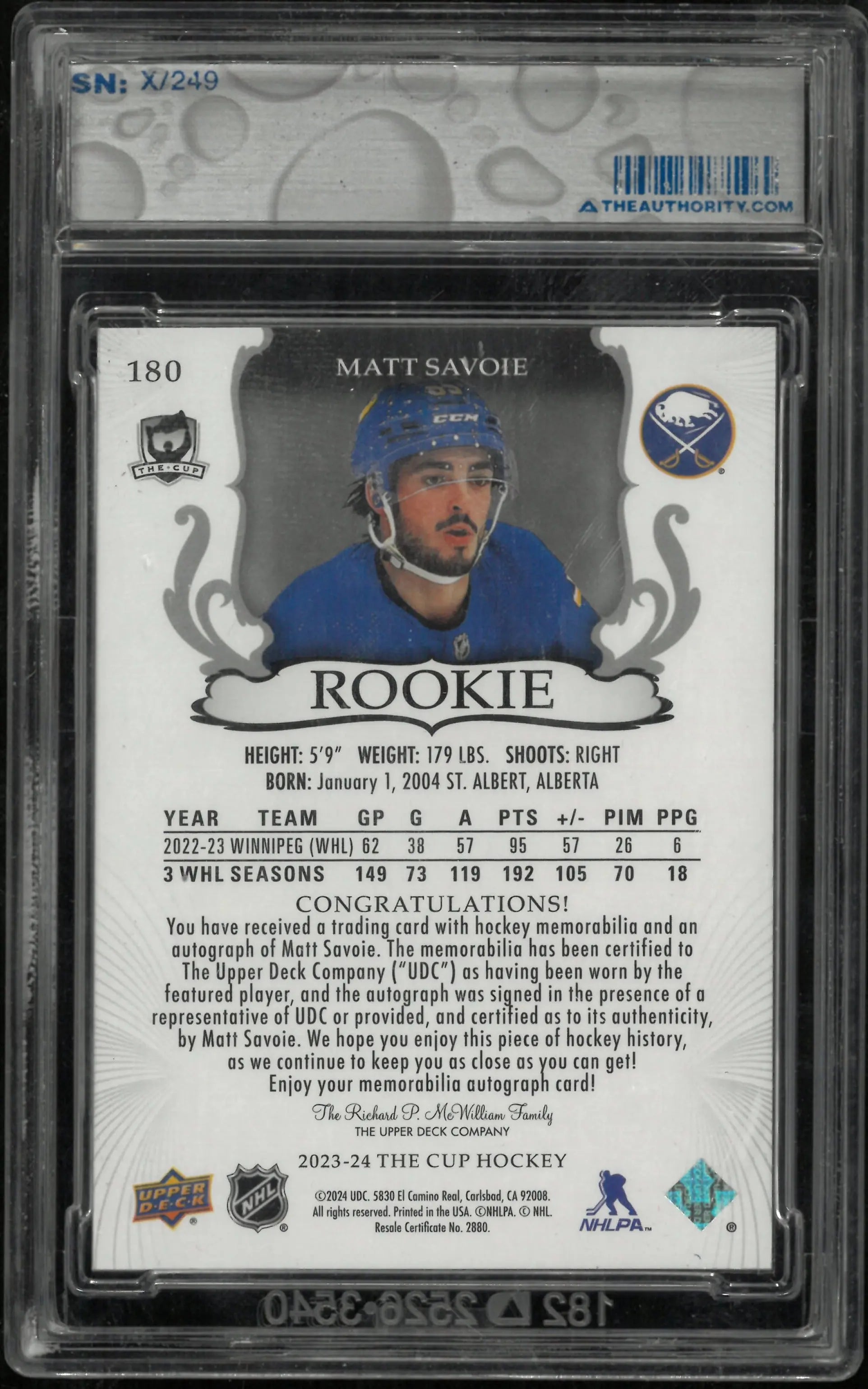 2024-25 UD The Cup Matt Savoie RC Rookie Patch Auto /249 