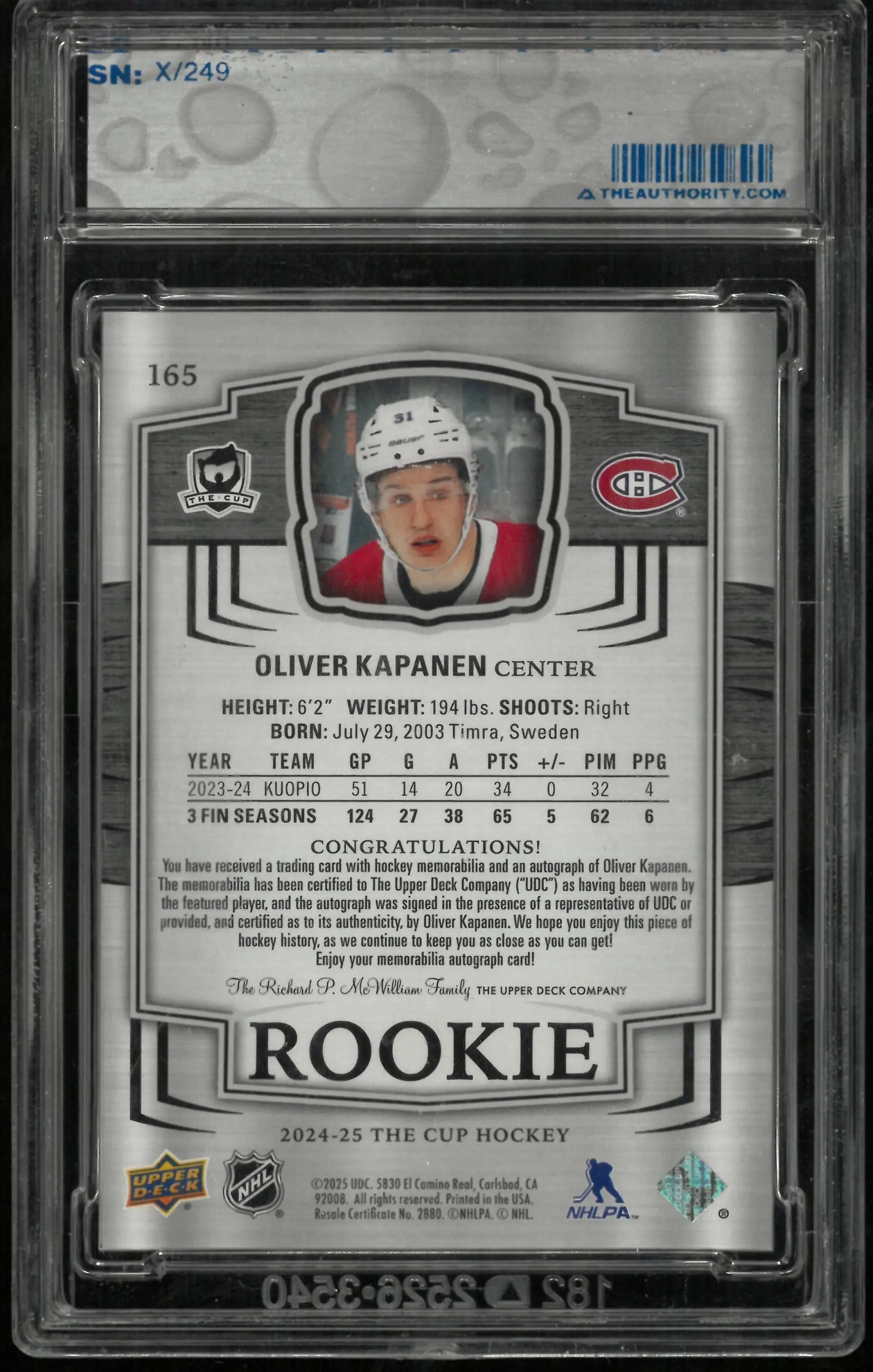 2024-25 UD The Cup Oliver Kapanen RC Rookie Patch Auto /249 