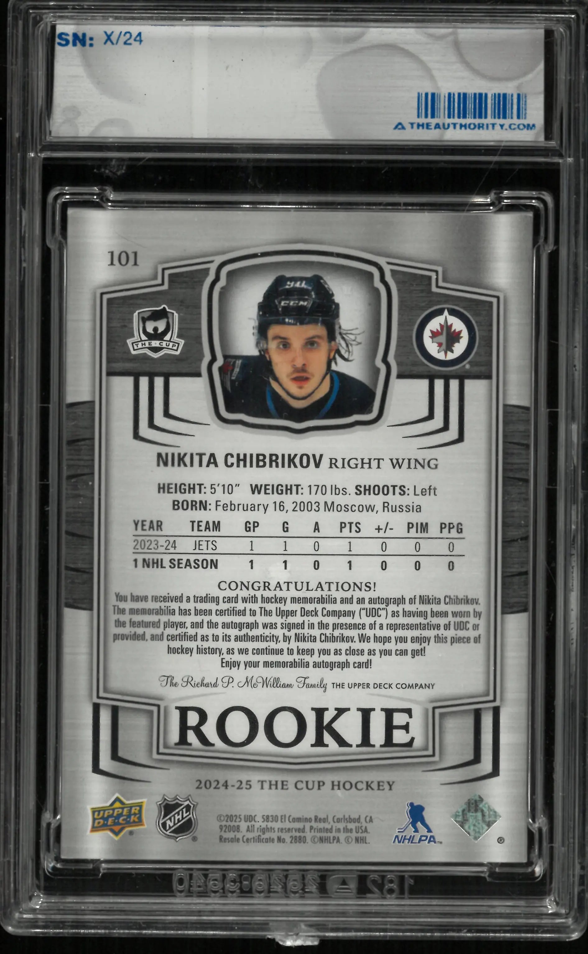 2024-25 UD The Cup Rookie Patch Autograph Nikita Chibrikov Auto RC Gold /24 