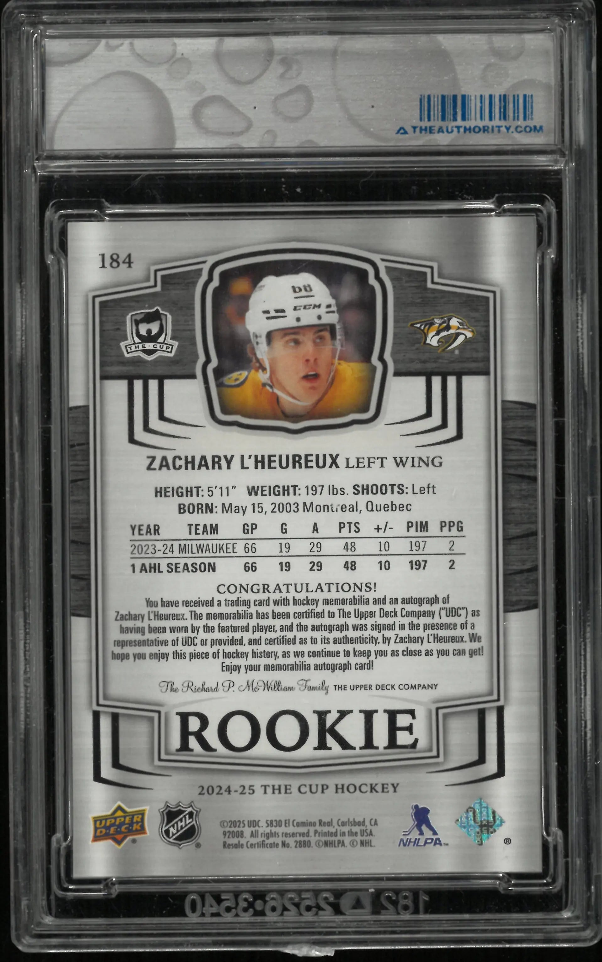 2024-25 UD The Cup Rookie Patch Autograph Zachary L'Heureux Auto RC /249 