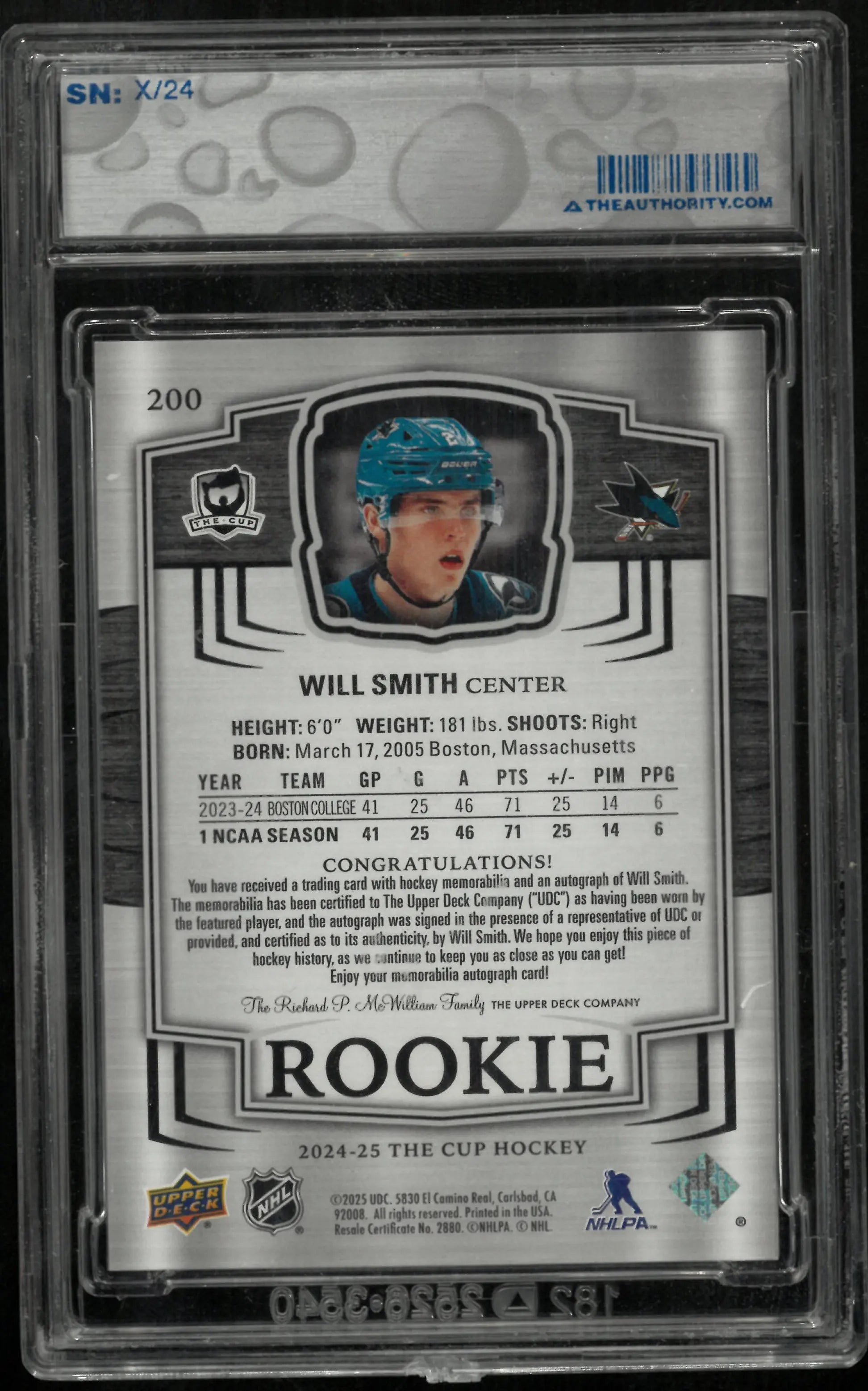 2024-25 UD The Cup Rookie Tri Color Patch Auto Will Smith RC Gold /24 