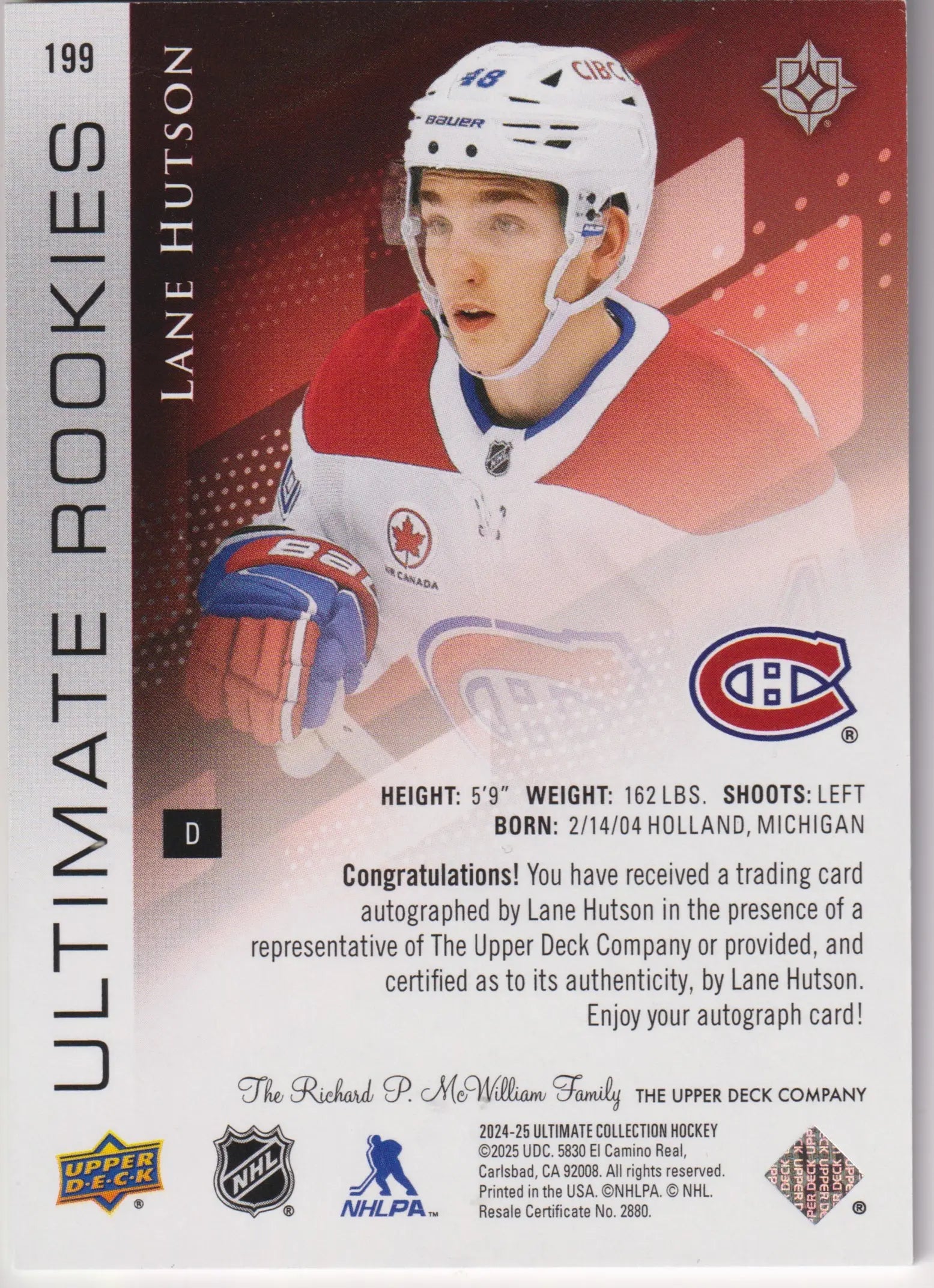 2024-25 UD UC Ultimate Rookies Autograph Lane Hutson Auto RC /99 