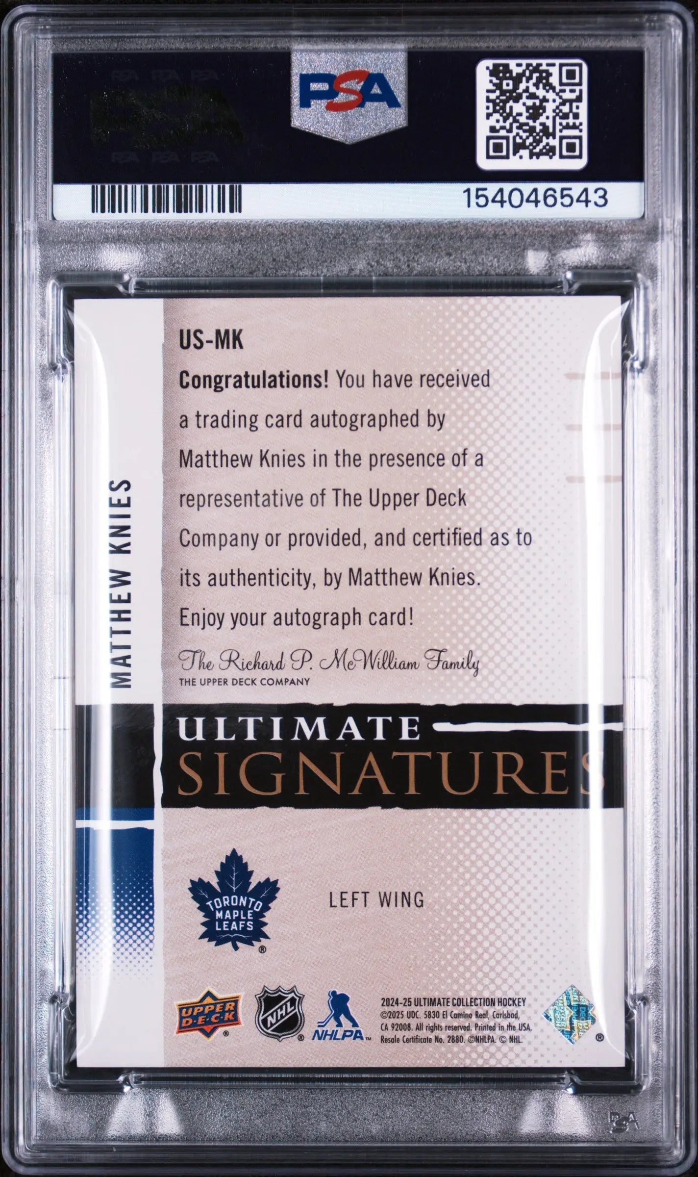 2024-25 UD UC Ultimate Signatures Autograph Matthew Knies Auto PSA 8 