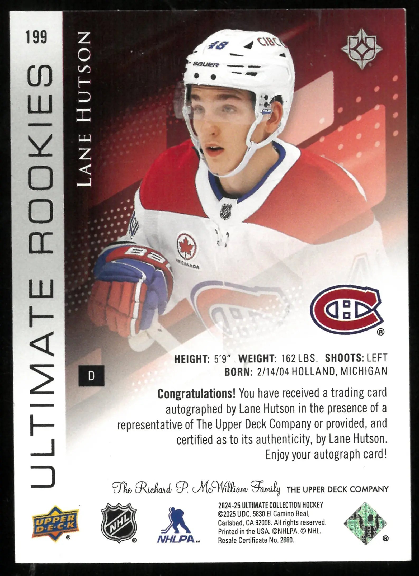 2024-25 UD Ultimate Hockey Lane Hutson RC Rookie Auto /99 