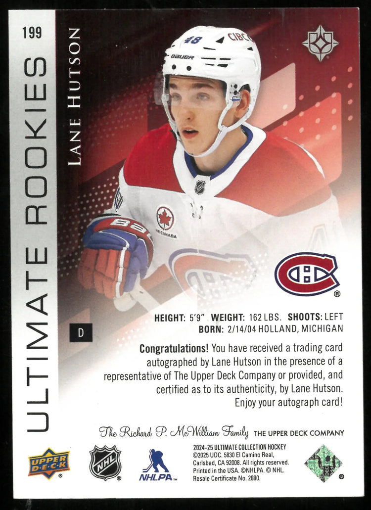 2024-25 UD Ultimate Hockey Lane Hutson RC Rookie Auto /99 