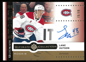 2024-25 UD Ultimate Hockey Lane Hutson RC Rookie Emblems Gold Auto /99 