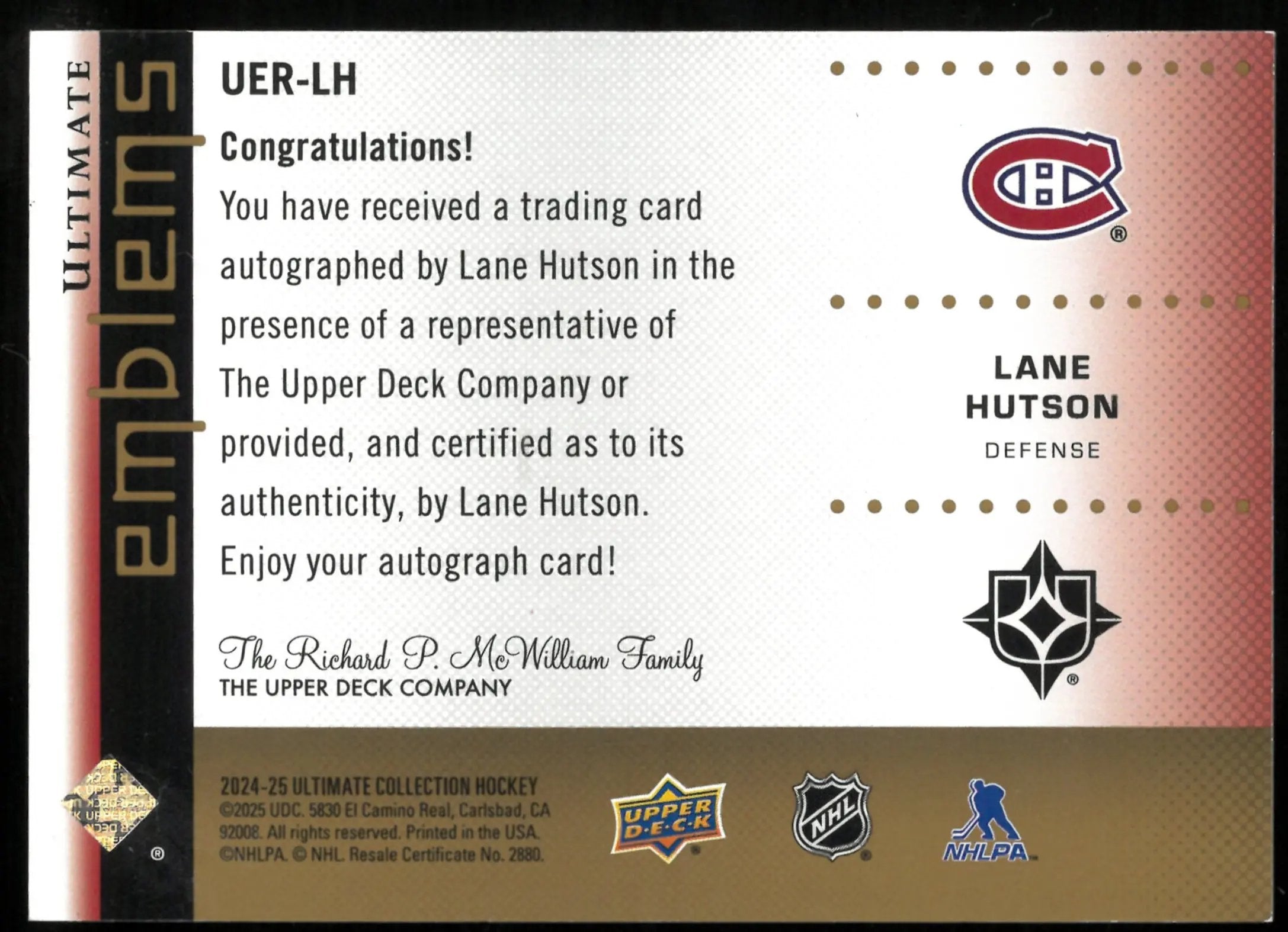 2024-25 UD Ultimate Hockey Lane Hutson RC Rookie Emblems Gold Auto /99 
