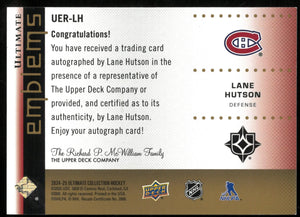 2024-25 UD Ultimate Hockey Lane Hutson RC Rookie Emblems Gold Auto /99 