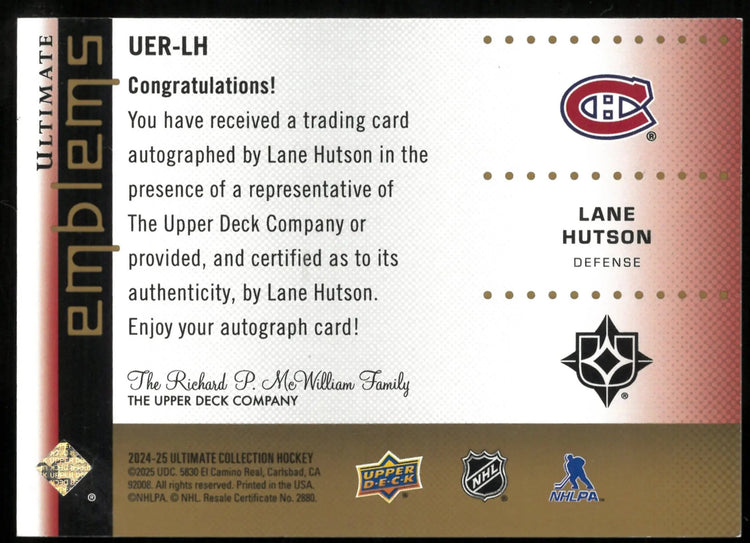 2024-25 UD Ultimate Hockey Lane Hutson RC Rookie Emblems Gold Auto /99 