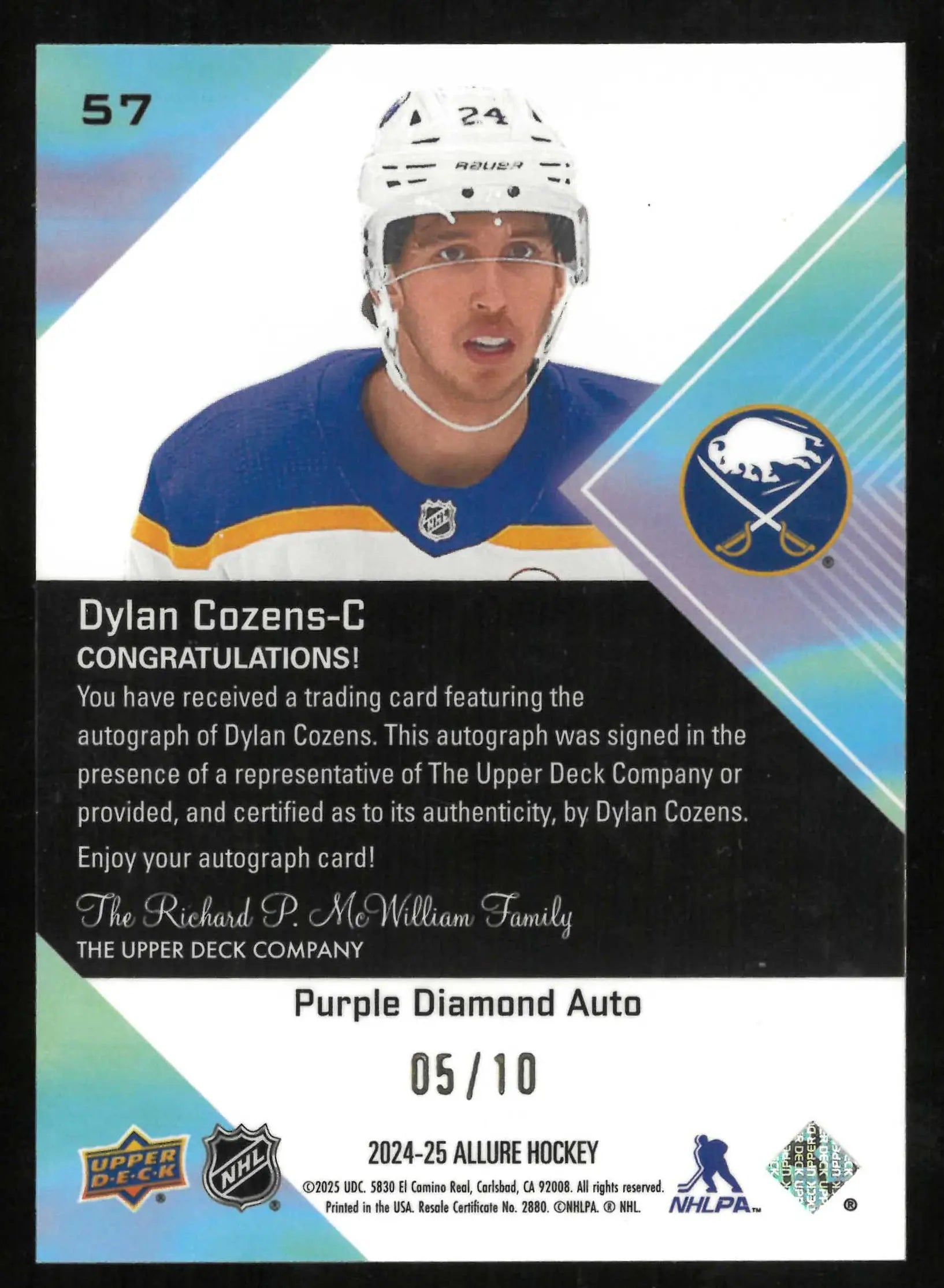 2024-25 Upper Deck Allure Autograph Dylan Cozens Purple Diamond Auto /10 