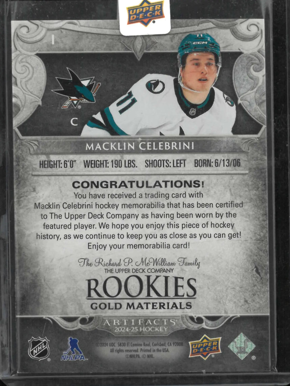 2024-25 Upper Deck Artifacts Rookie Patch Macklin Celebrini /399 RC 