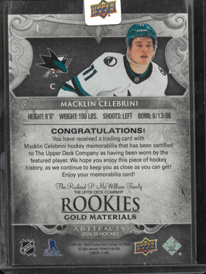 2024-25 Upper Deck Artifacts Rookie Patch Macklin Celebrini /399 RC 