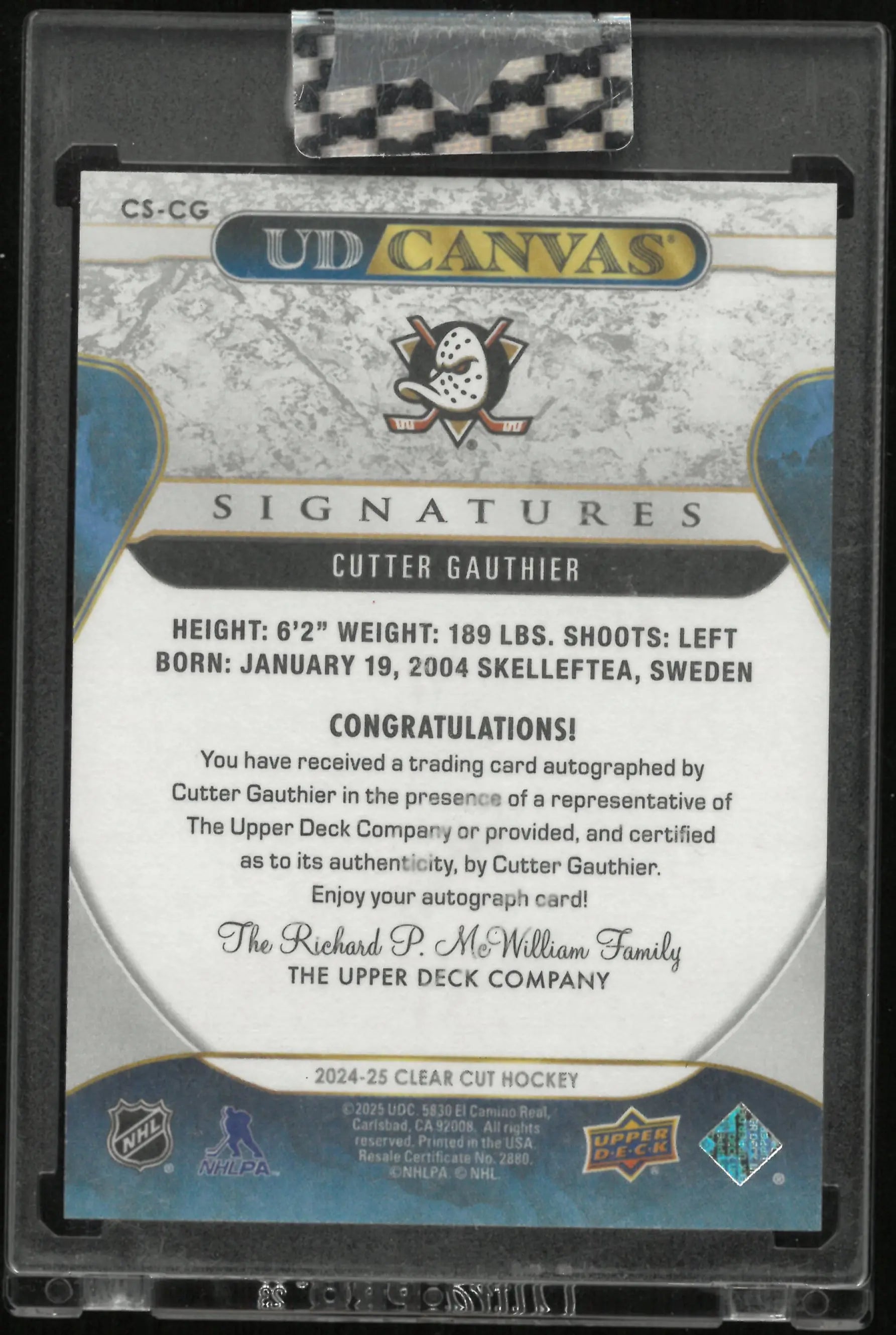 2024-25 Upper Deck Clear Cut Canvas Signatures Cutter Gauthier Auto /61 
