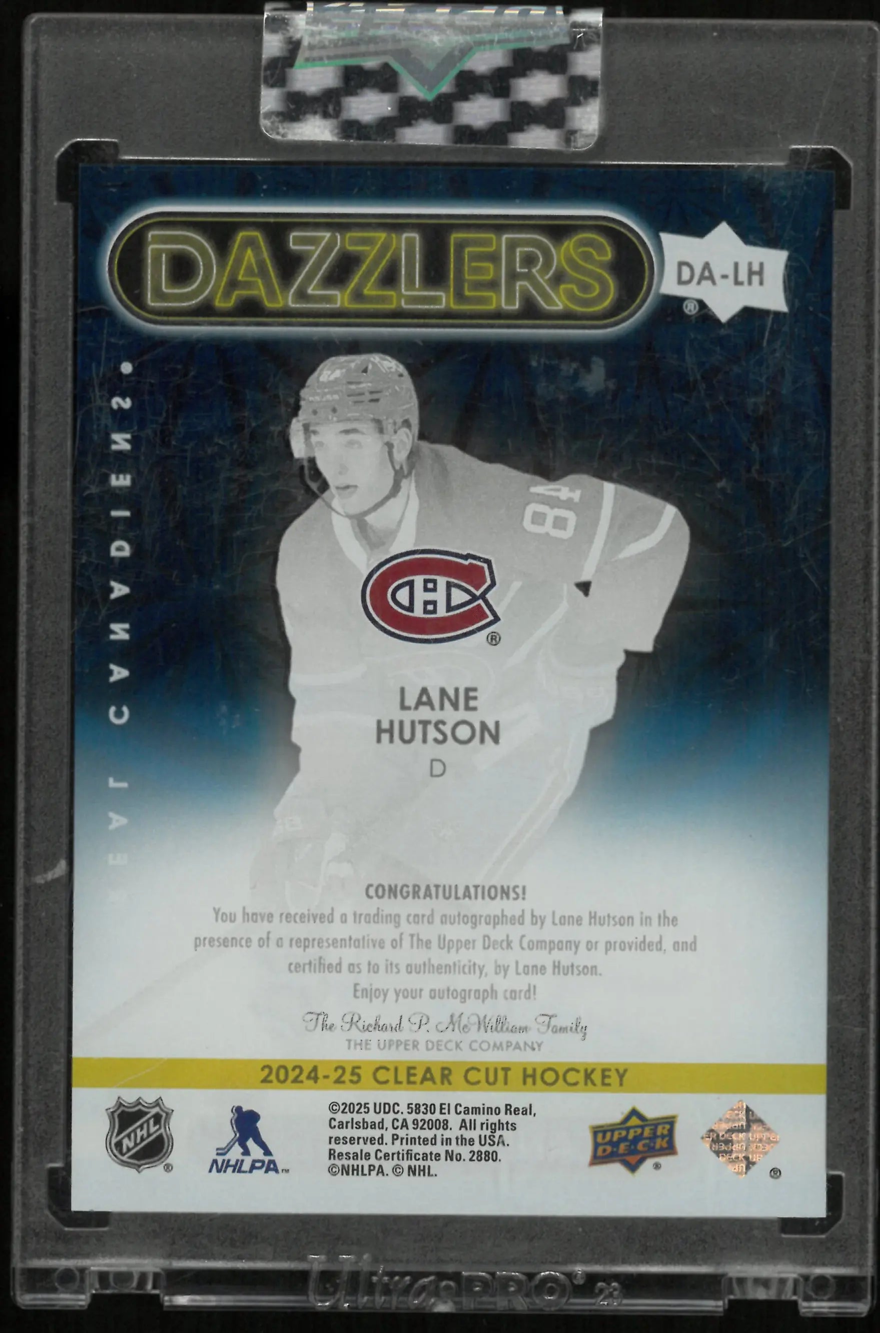 2024-25 Upper Deck Clear Cut Dazzlers Rookie Autograph Lane Hutson Auto RC 