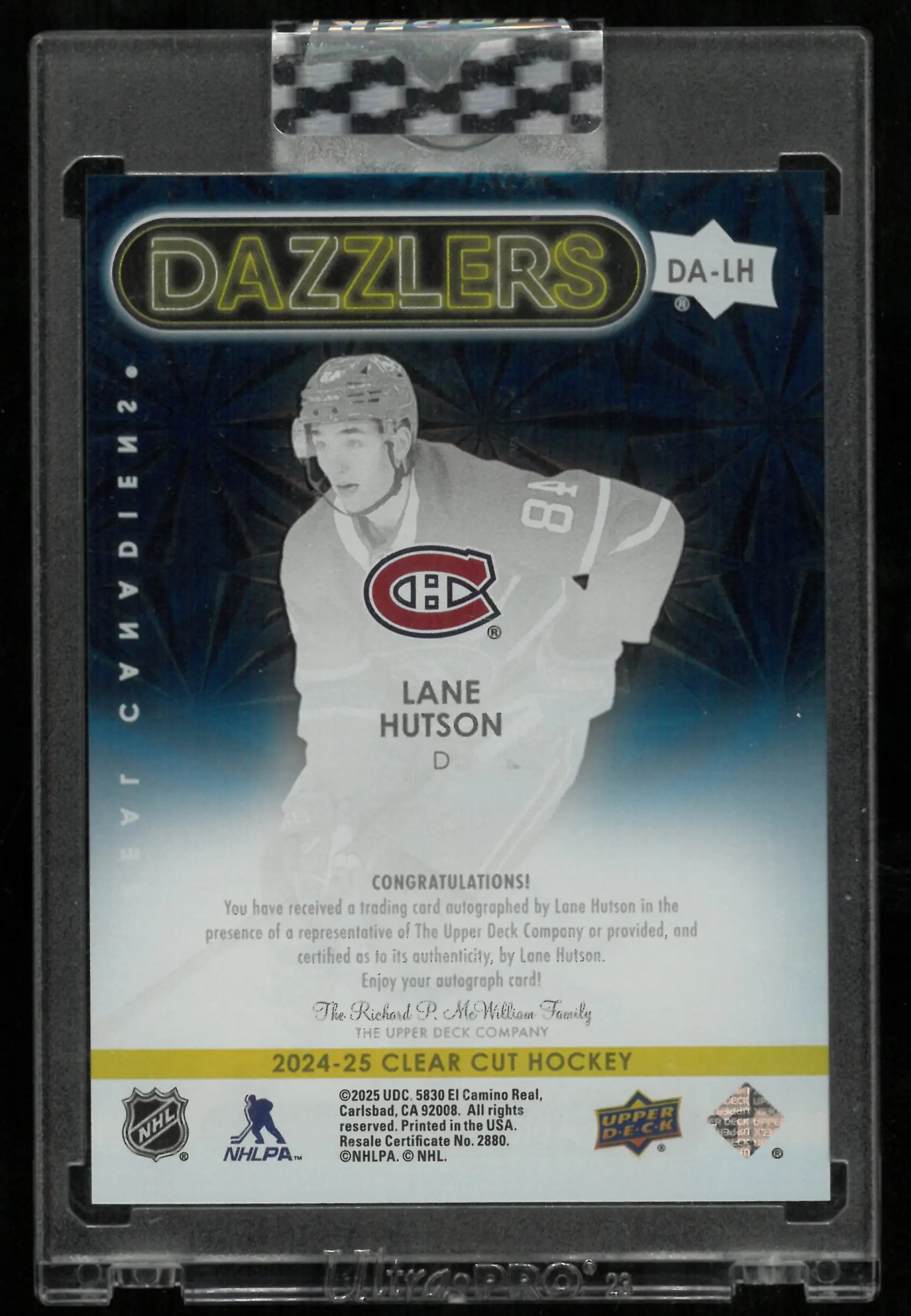 2024-25 Upper Deck Clear Cut Lane Hutson RC Rookie Blue Dazzlers Auto 