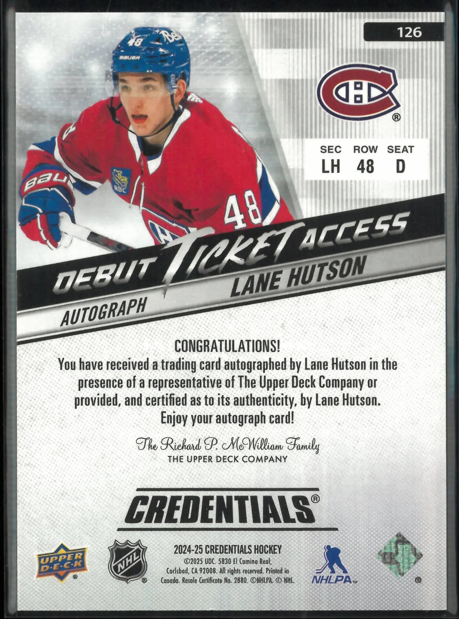 2024-25 Upper Deck Credential Debut Ticket Access Autograph Lane Hutson Auto/199 