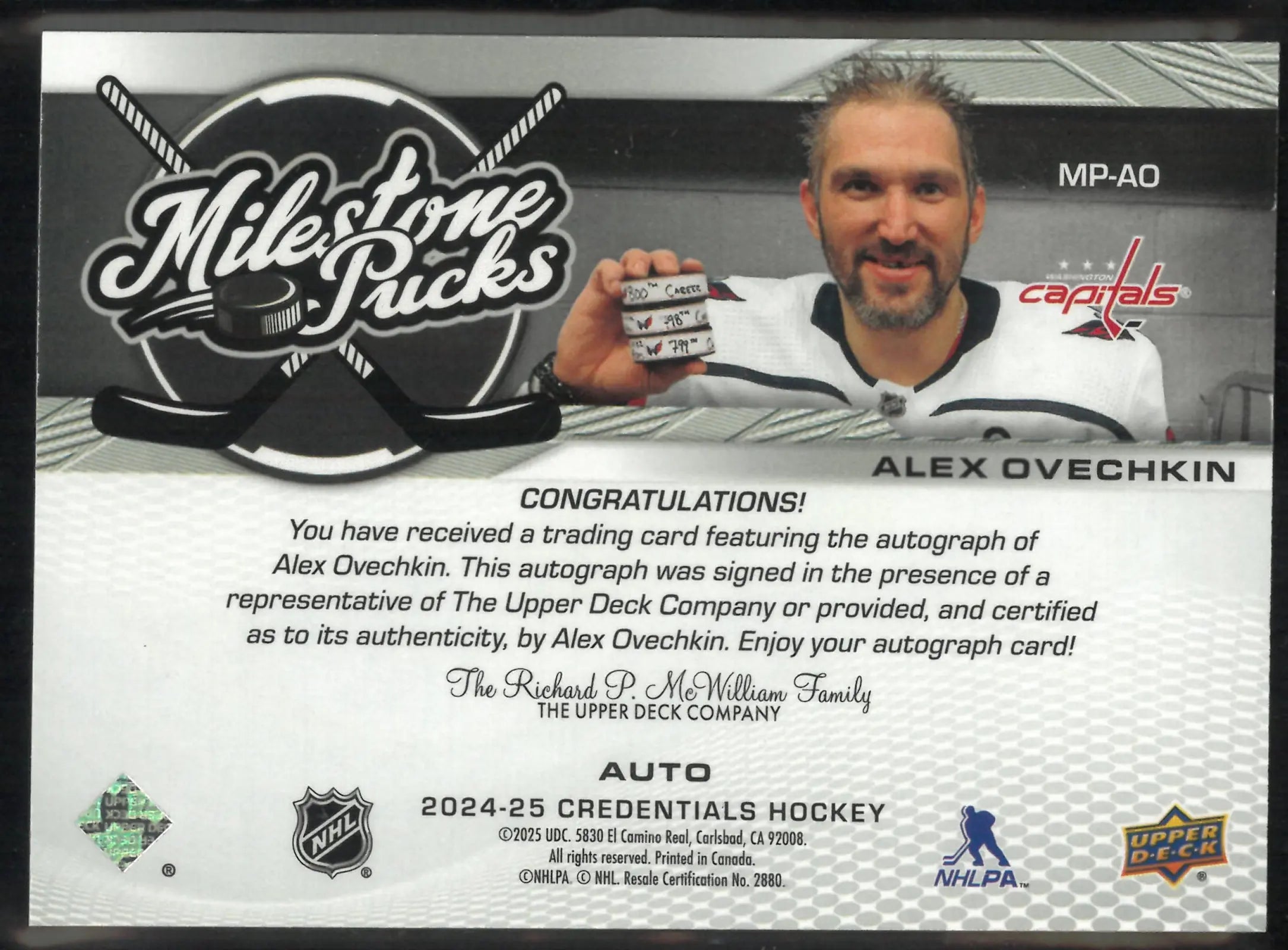 2024-25 Upper Deck Credentials Milestone Pick Autograph Alex Ovechkin Auto 