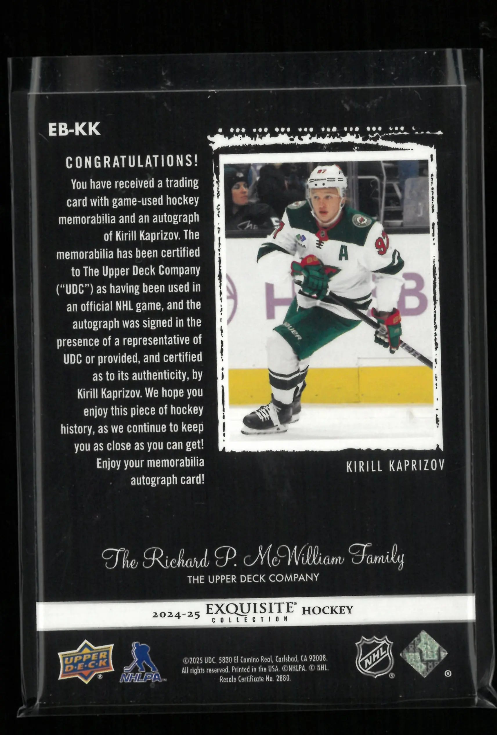 2024-25 Upper Deck Exquisite Autograph Patch Kirill Kaprizov Auto /25 