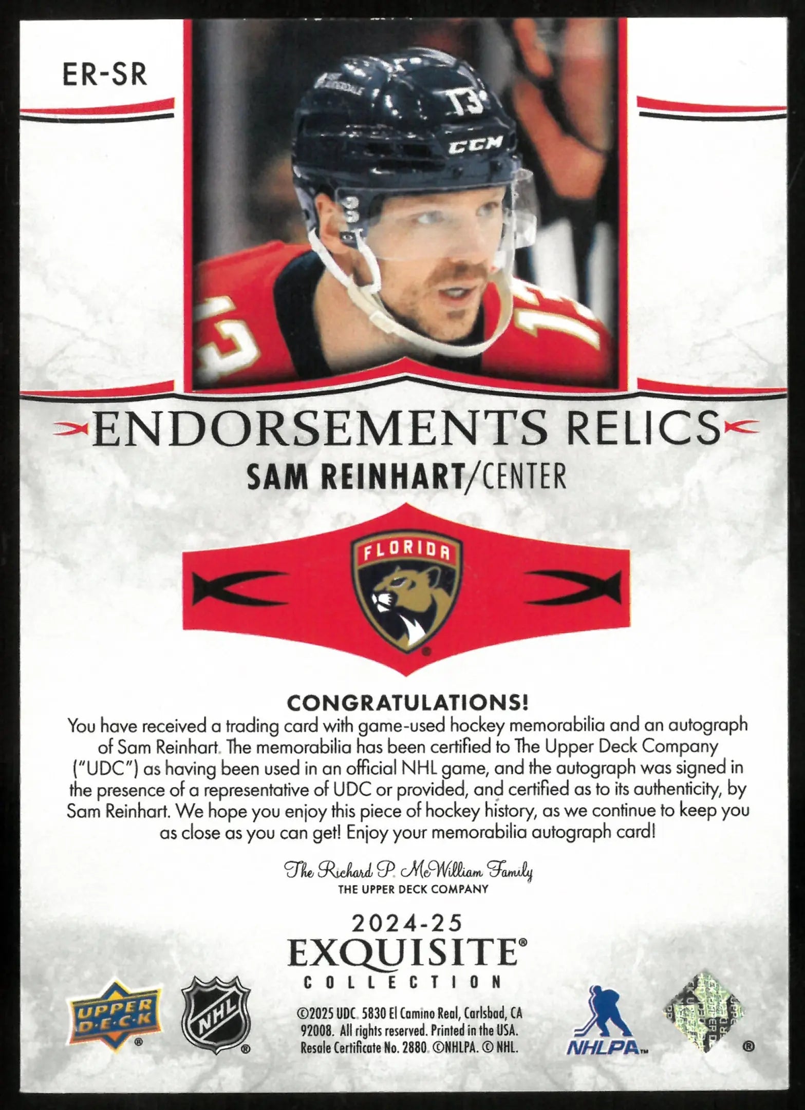 2024-25 Upper Deck Exquisite Collection Endorsements Relics Patch Auto Sam Reinhart /50 