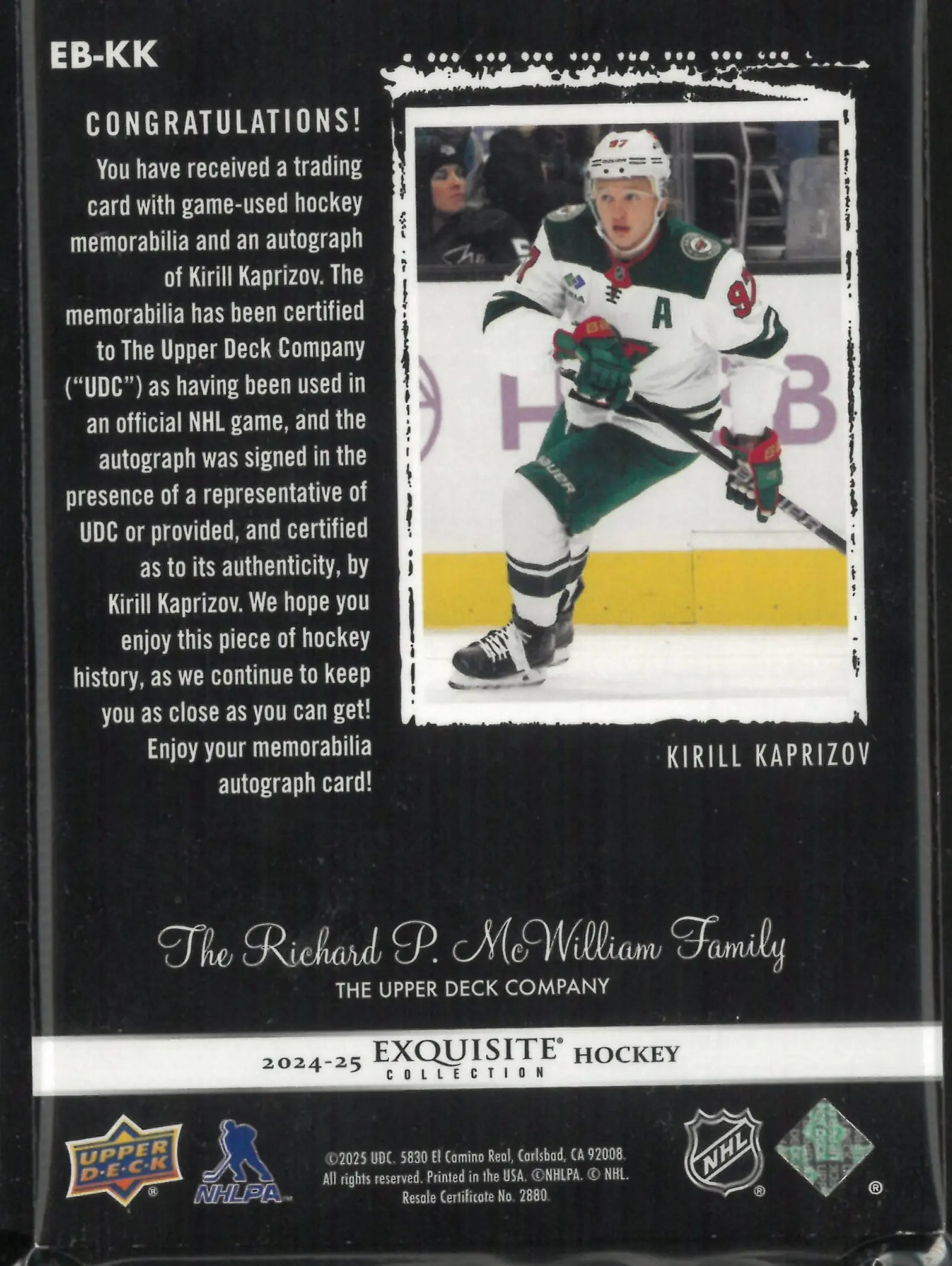 2024-25 Upper Deck Exquisite Collection Kirill Kaprizov Patch Autograph /25 