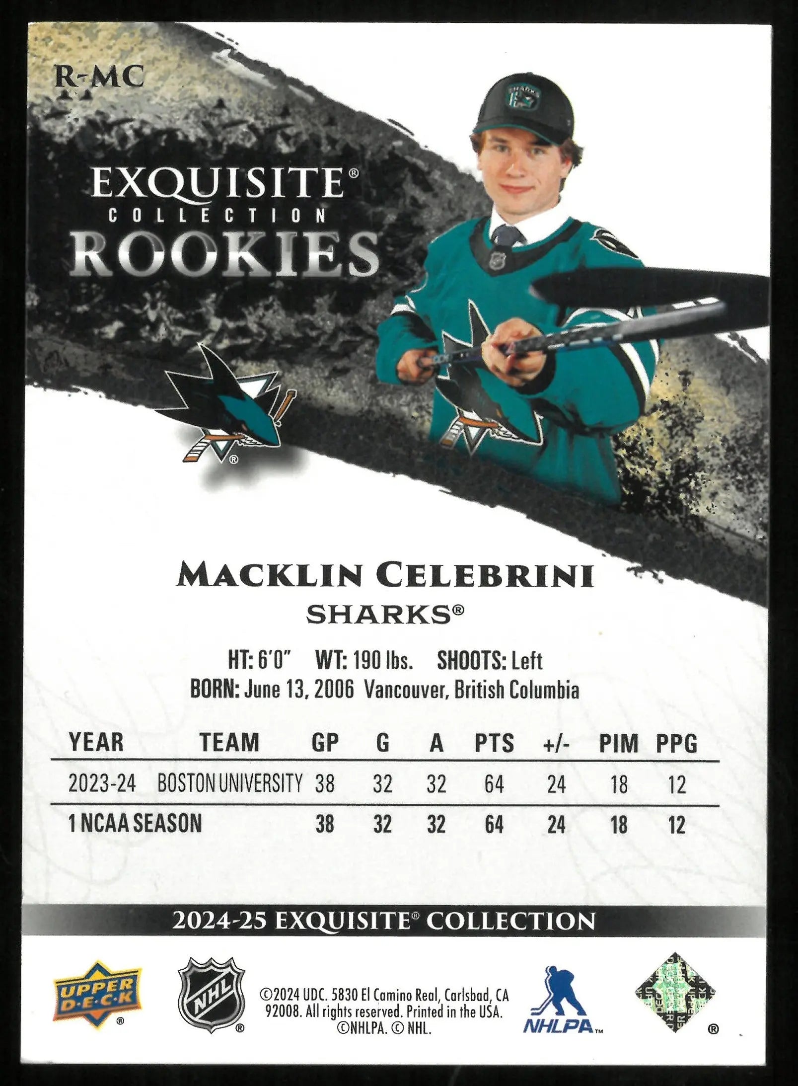2024-25 Upper Deck Exquisite Collection Macklin Celebrini RC Rookies /399 
