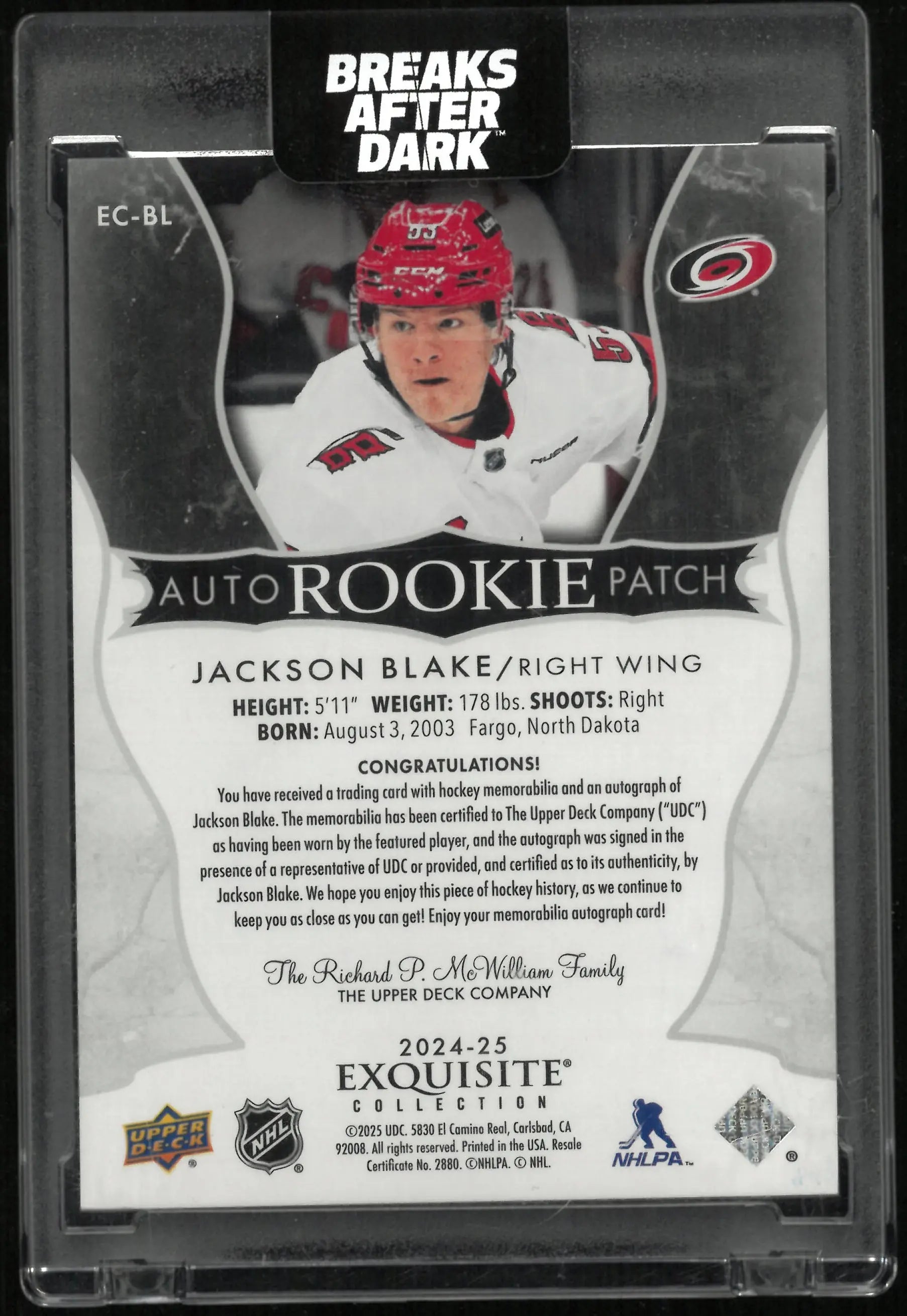 2024-25 Upper Deck Exquisite Collection Rookie Auto Patch RC Jackson Blake /53 