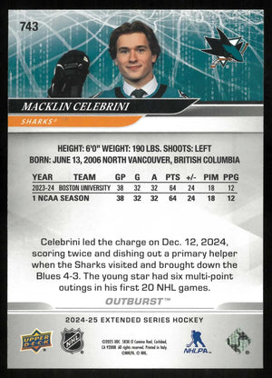 2024-25 Upper Deck Ext. Series Rookie Round 1 Draft Macklin Celebrini Outburst 
