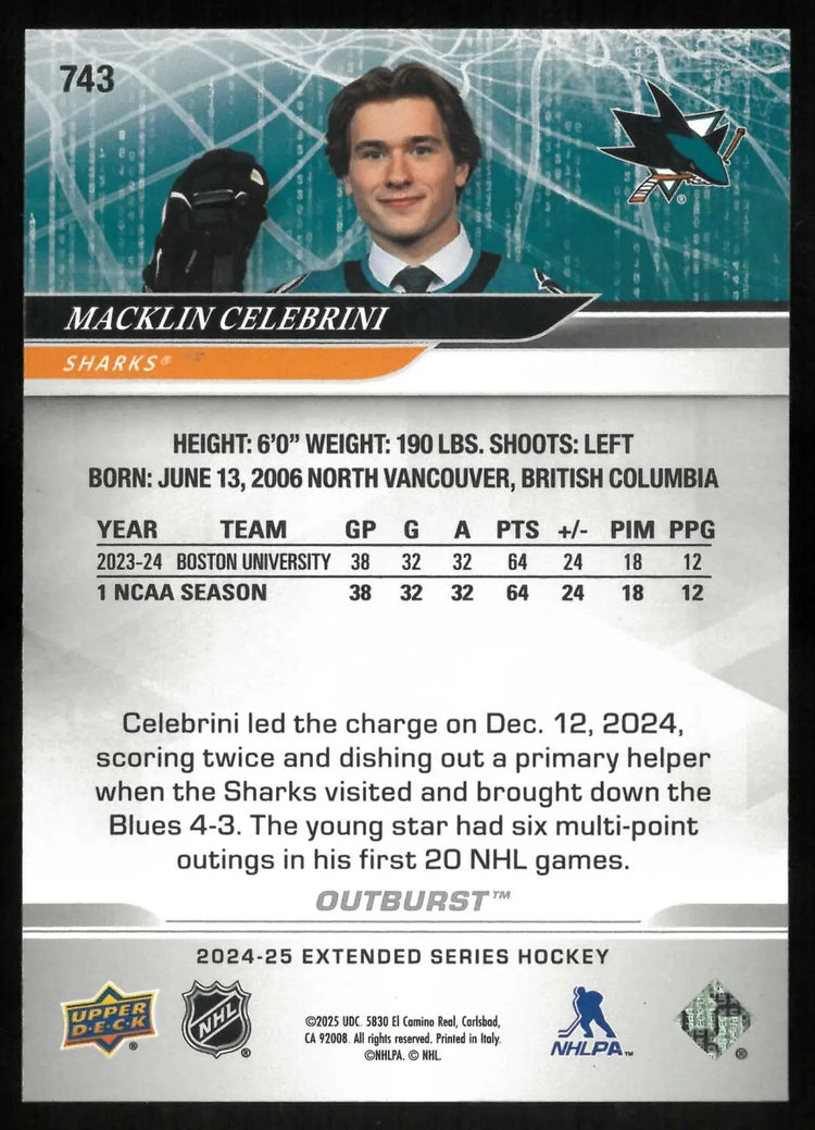 2024-25 Upper Deck Ext. Series Rookie Round 1 Draft Macklin Celebrini Outburst 