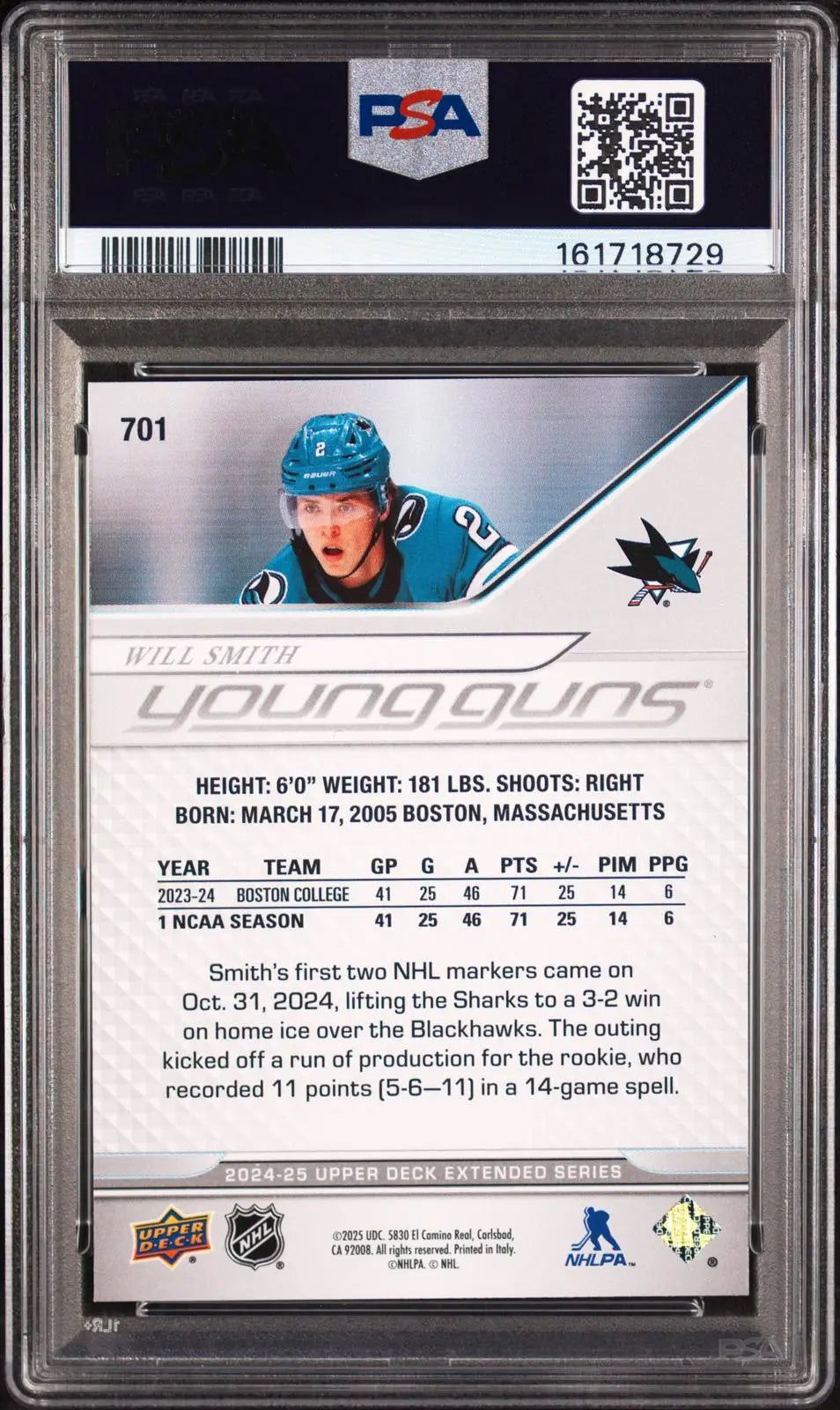 2024-25 Upper Deck Extended Series Hockey Rookie Young Guns Will Smith RC PSA 6 