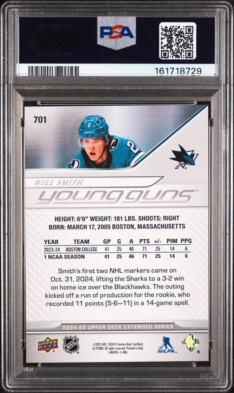 2024-25 Upper Deck Extended Series Hockey Rookie Young Guns Will Smith RC PSA 6 