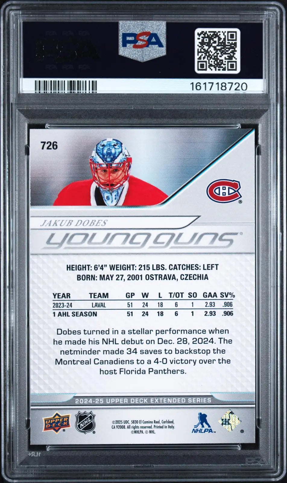 2024-25 Upper Deck Extended Series Rookie Young Guns Jakub Dobes RC PSA 10 