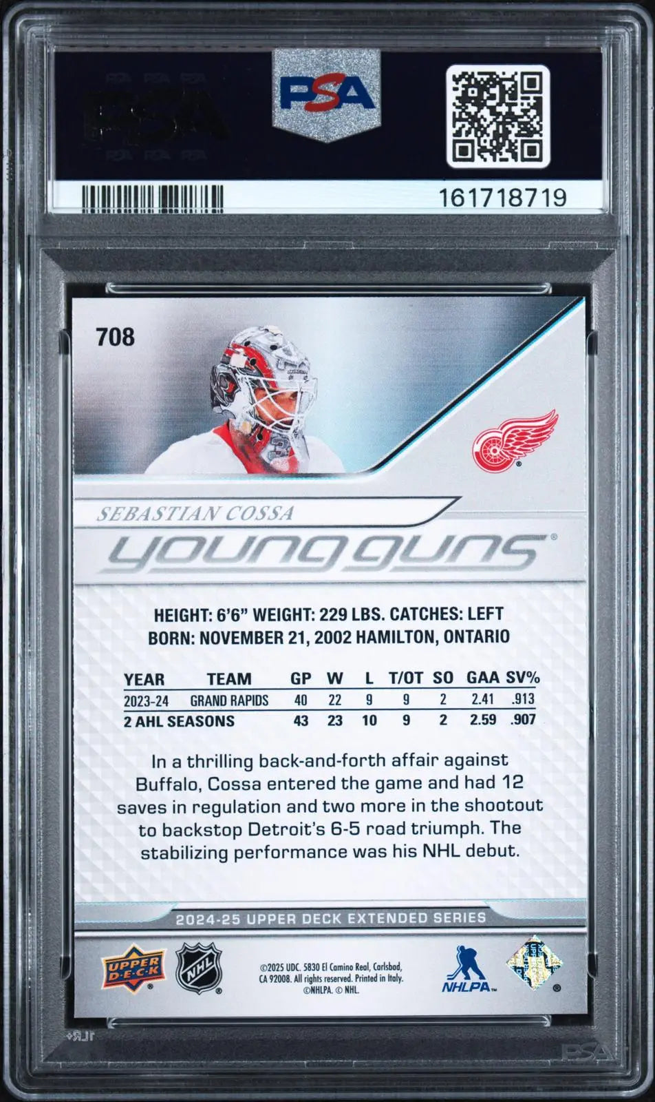 2024-25 Upper Deck Extended Series Rookie Young Guns Sebastian Cossa RC PSA 10 