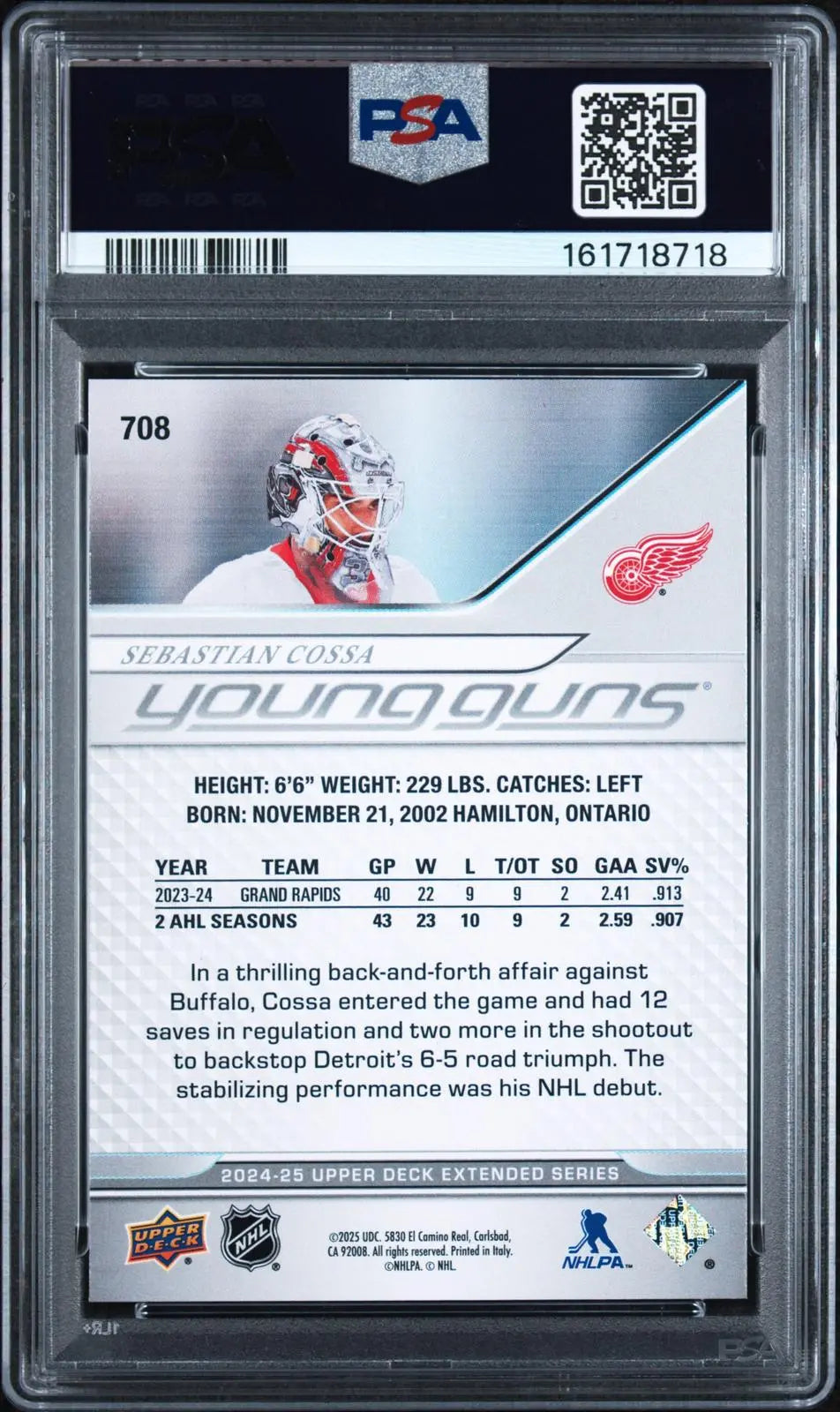 2024-25 Upper Deck Extended Series Rookie Young Guns Sebastian Cossa RC PSA 9 