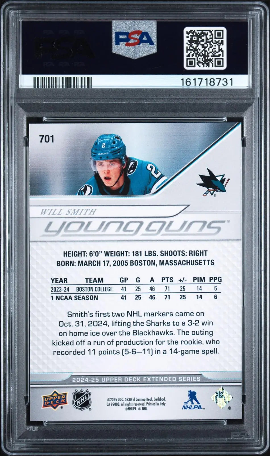 2024-25 Upper Deck Extended Series Rookie Young Guns Will Smith RC PSA 10 