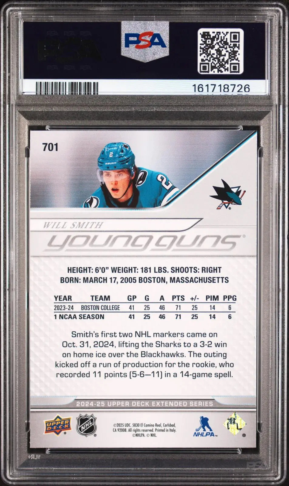 2024-25 Upper Deck Extended Series Rookie Young Guns Will Smith RC PSA 9 
