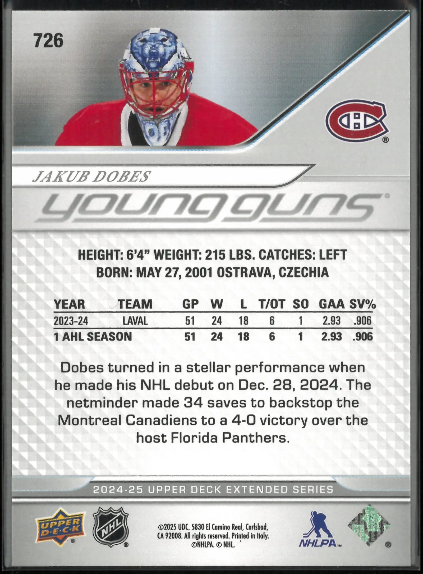 2024-25 Upper Deck Extended Series Young Guns Rookie Jakub Dobes RC 