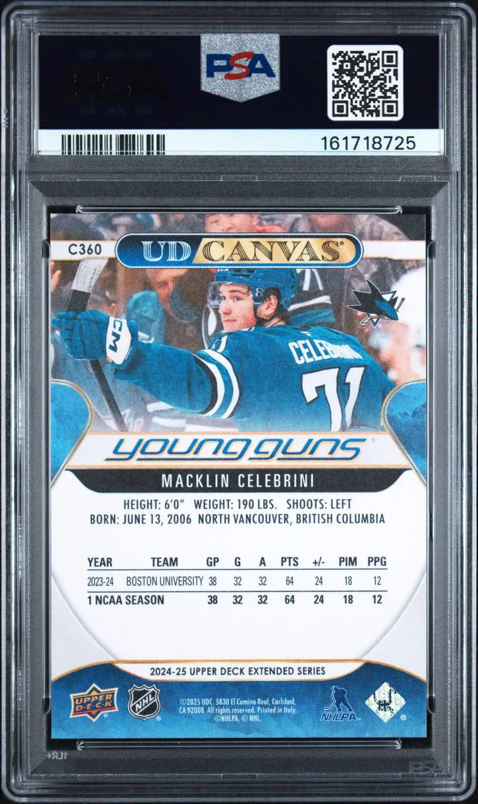 2024-25 Upper Deck Extended UD Canvas Rookie Young Guns Macklin Celebrini PSA 10 