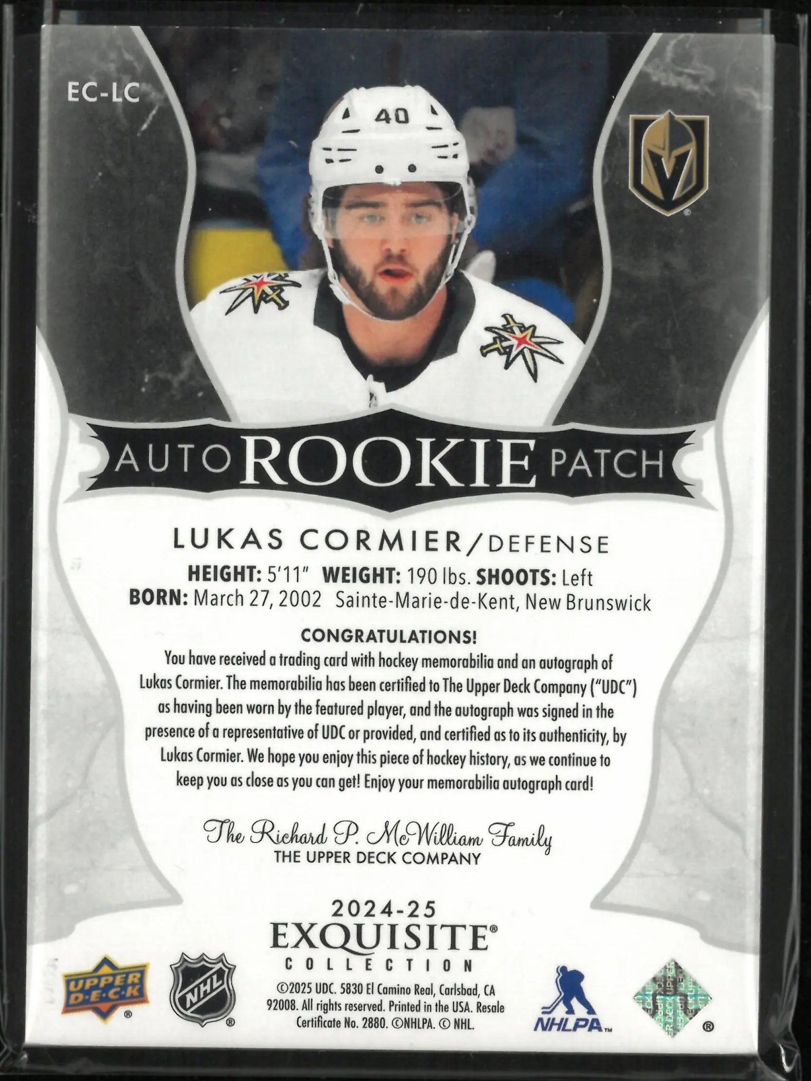 2024-25 Upper Deck Exuisite Collection Rookie Auto Patch Lukas Cormier Auto /40 RC 