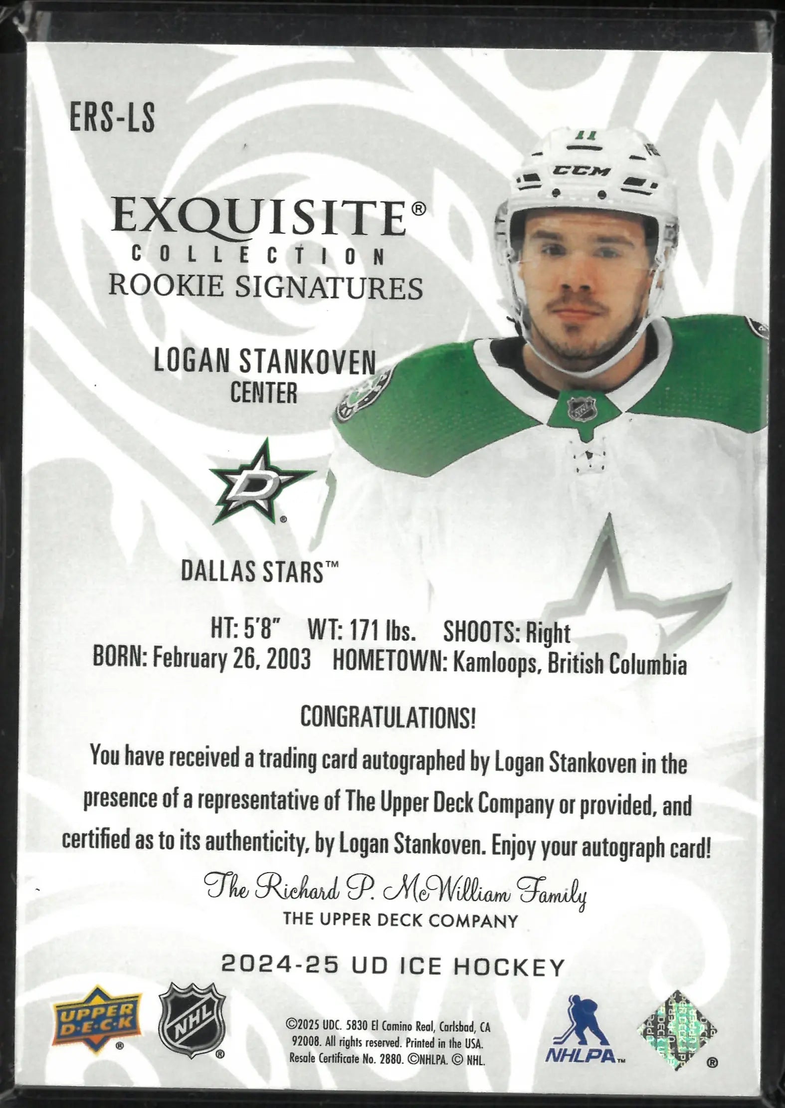 2024-25 Upper Deck Ice Exquisite Collection Rookie Signature Logan Stankoven /99 